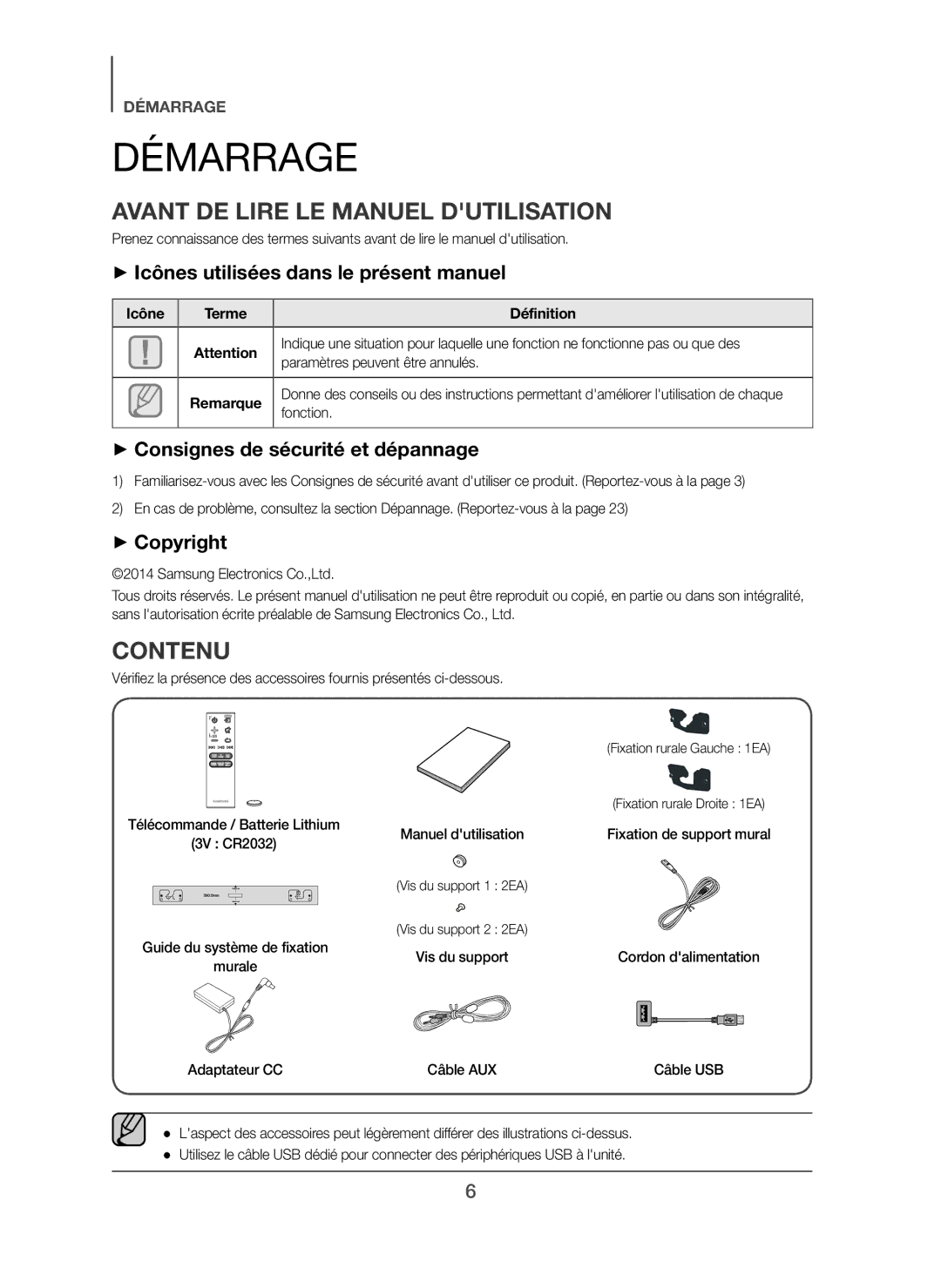 Samsung HW-H450/EN Démarrage, Avant DE Lire LE Manuel Dutilisation, Contenu, + Icônes utilisées dans le présent manuel 