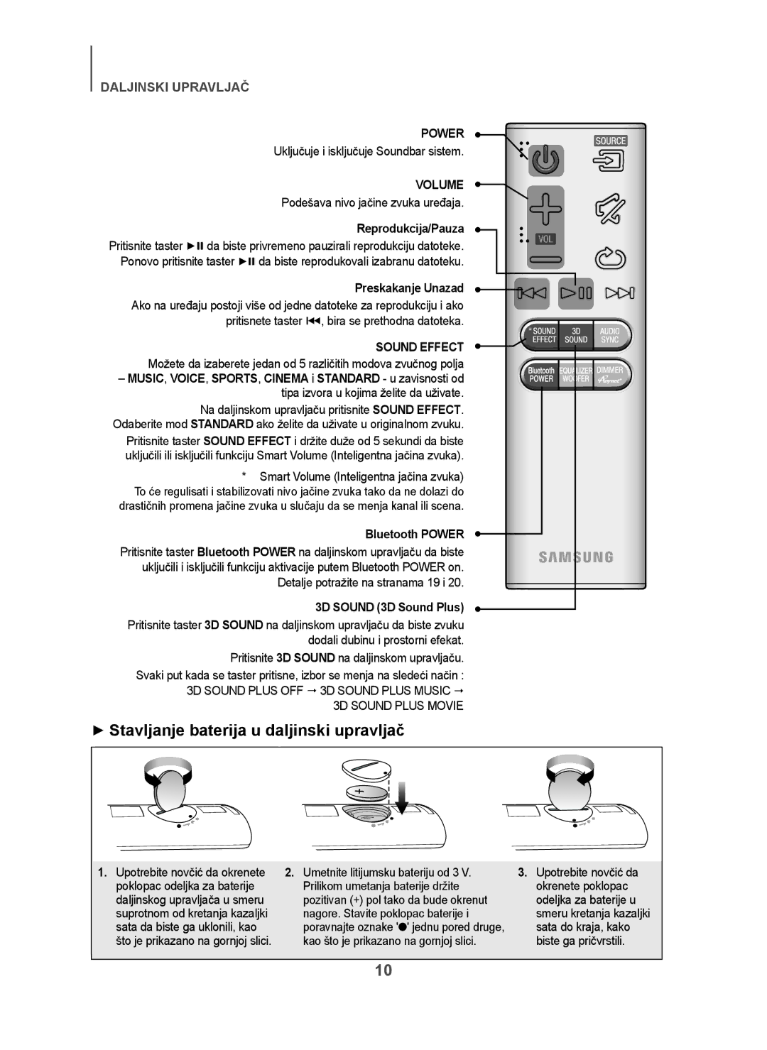 Samsung HW-H450/TK, HW-H450/EN manual + Stavljanje baterija u daljinski upravljač, Reprodukcija/Pauza, Preskakanje Unazad 