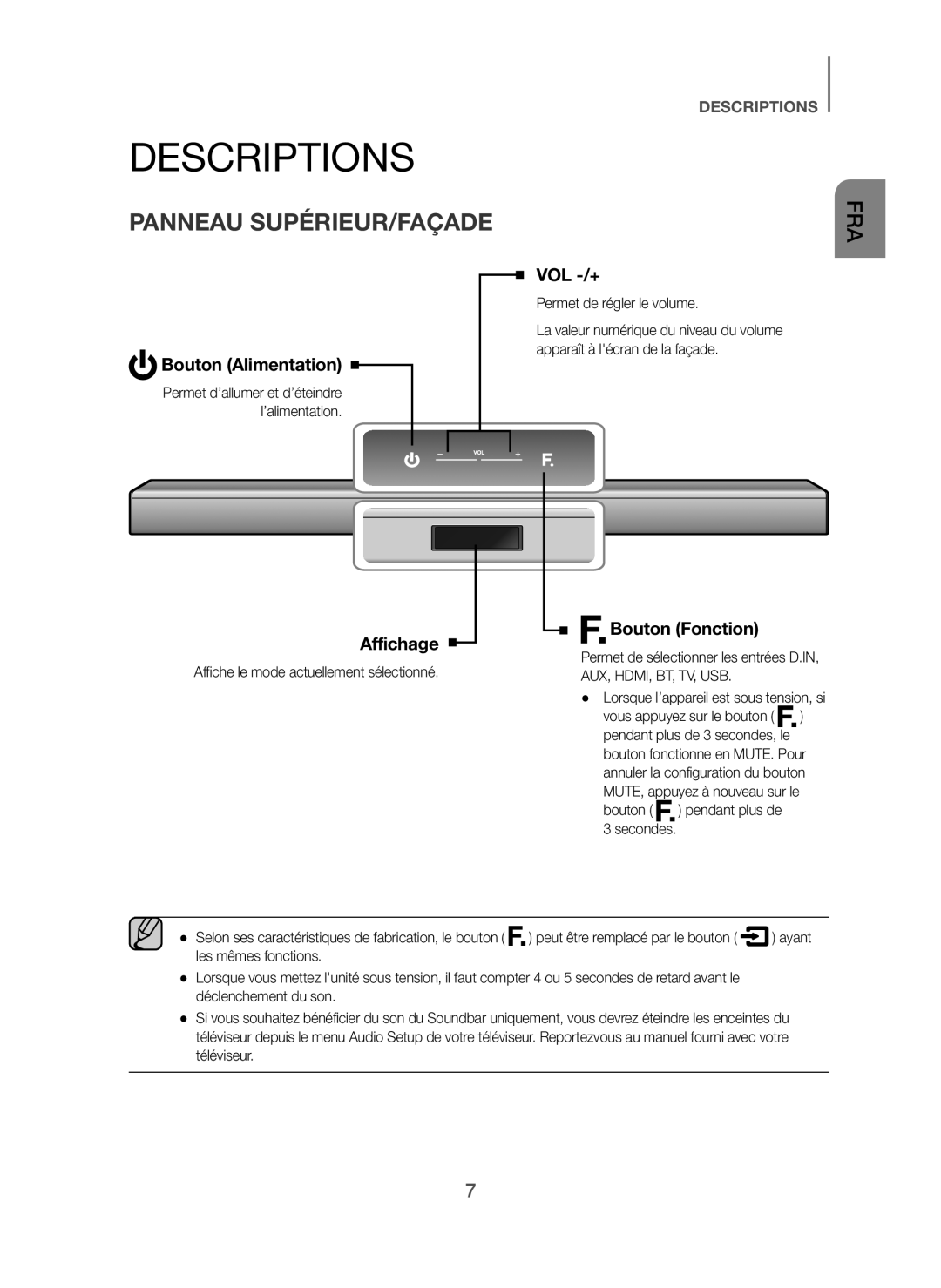 Samsung HW-H450/ZF, HW-H450/TK, HW-H450/EN manual Panneau SUPÉRIEUR/FAÇADE, Bouton Alimentation, Affichage, Bouton Fonction 