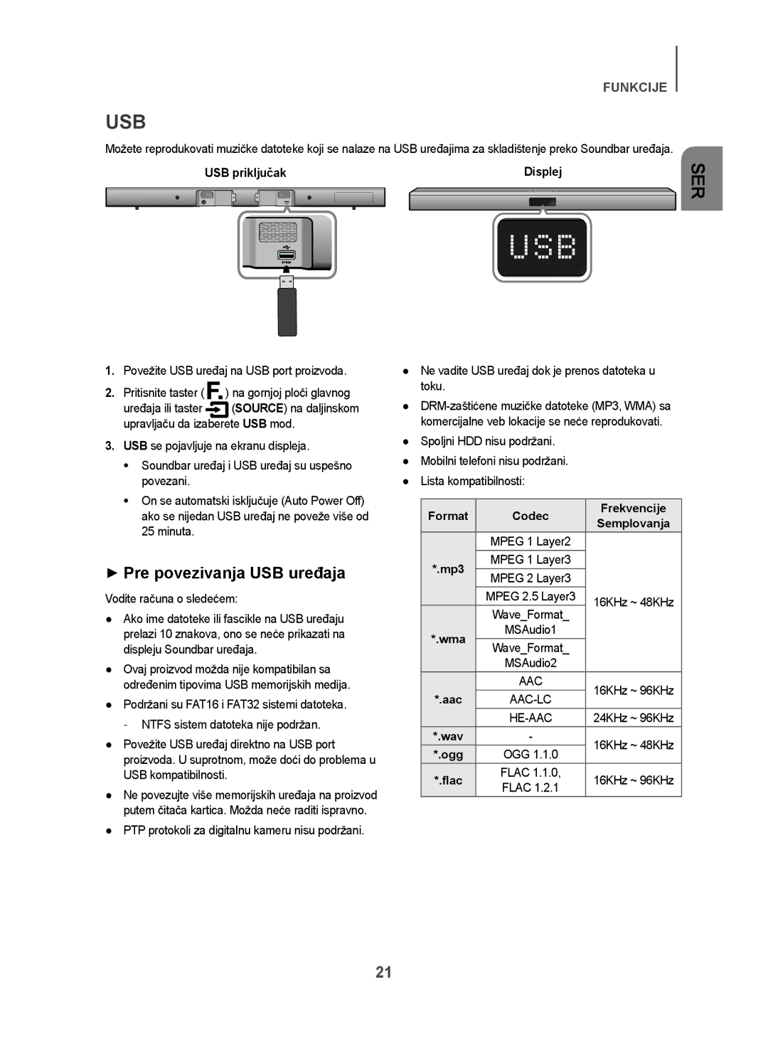 Samsung HW-H450/EN manual + Pre povezivanja USB uređaja, USB priključak, Vodite računa o sledećem, Format Codec Frekvencije 