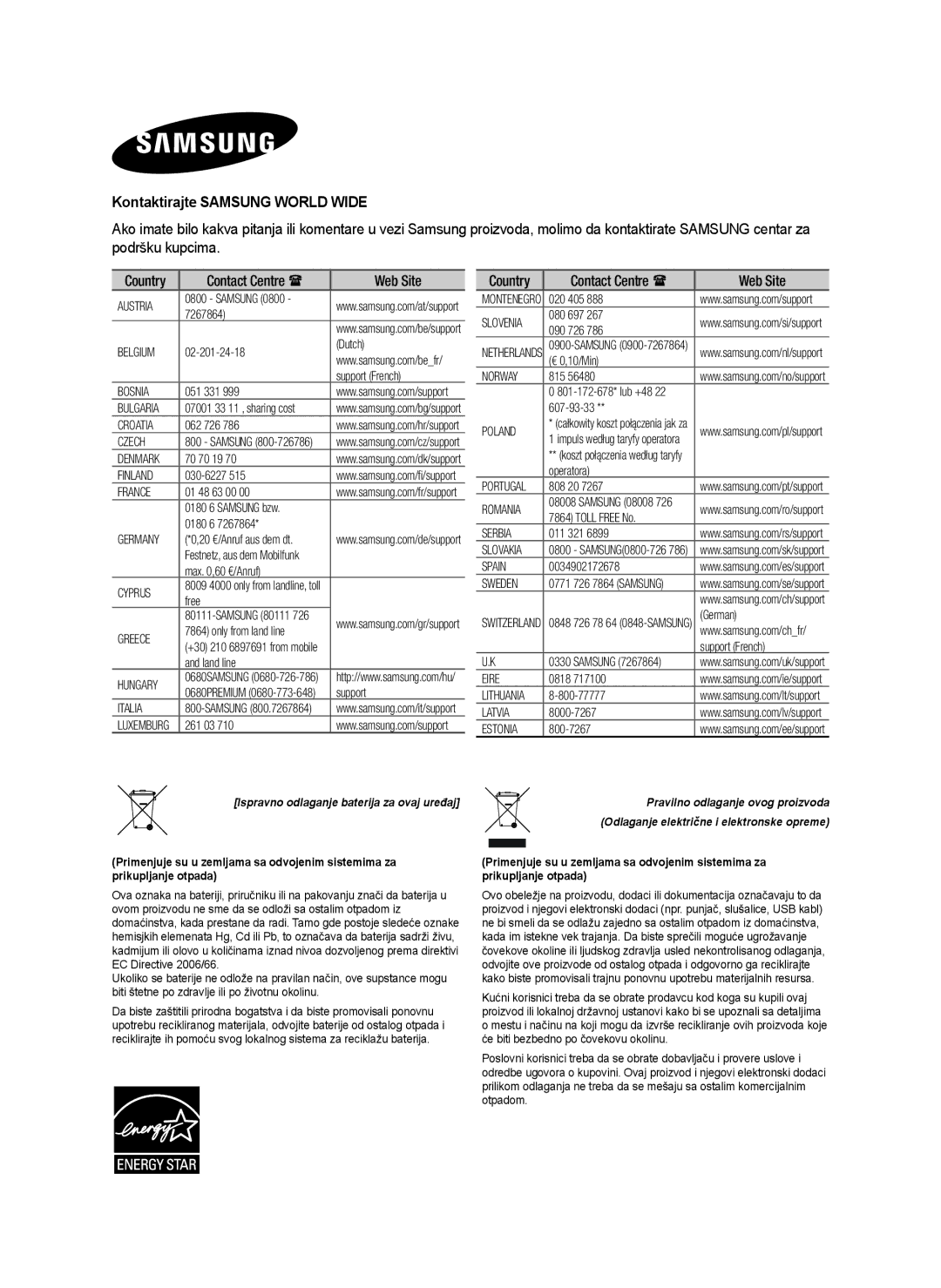 Samsung HW-H450/TK, HW-H450/EN, HW-H450/ZF manual Kontaktirajte Samsung World Wide, Odlaganje električne i elektronske opreme 