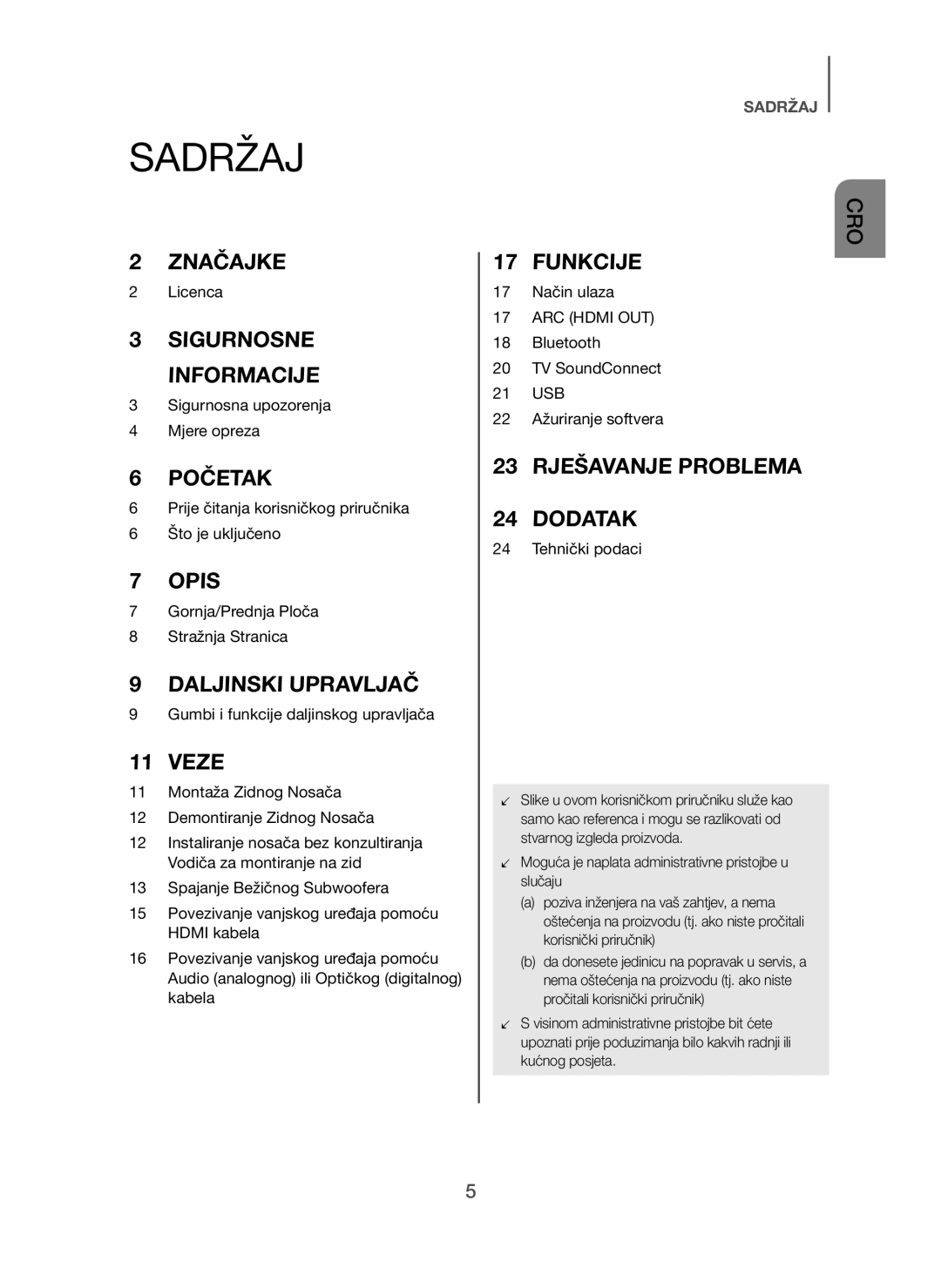 Samsung HW-H450/TK, HW-H450/EN, HW-H450/ZF, HW-H450/XN, HW-H450/XE manual Sadržaj, Veze 