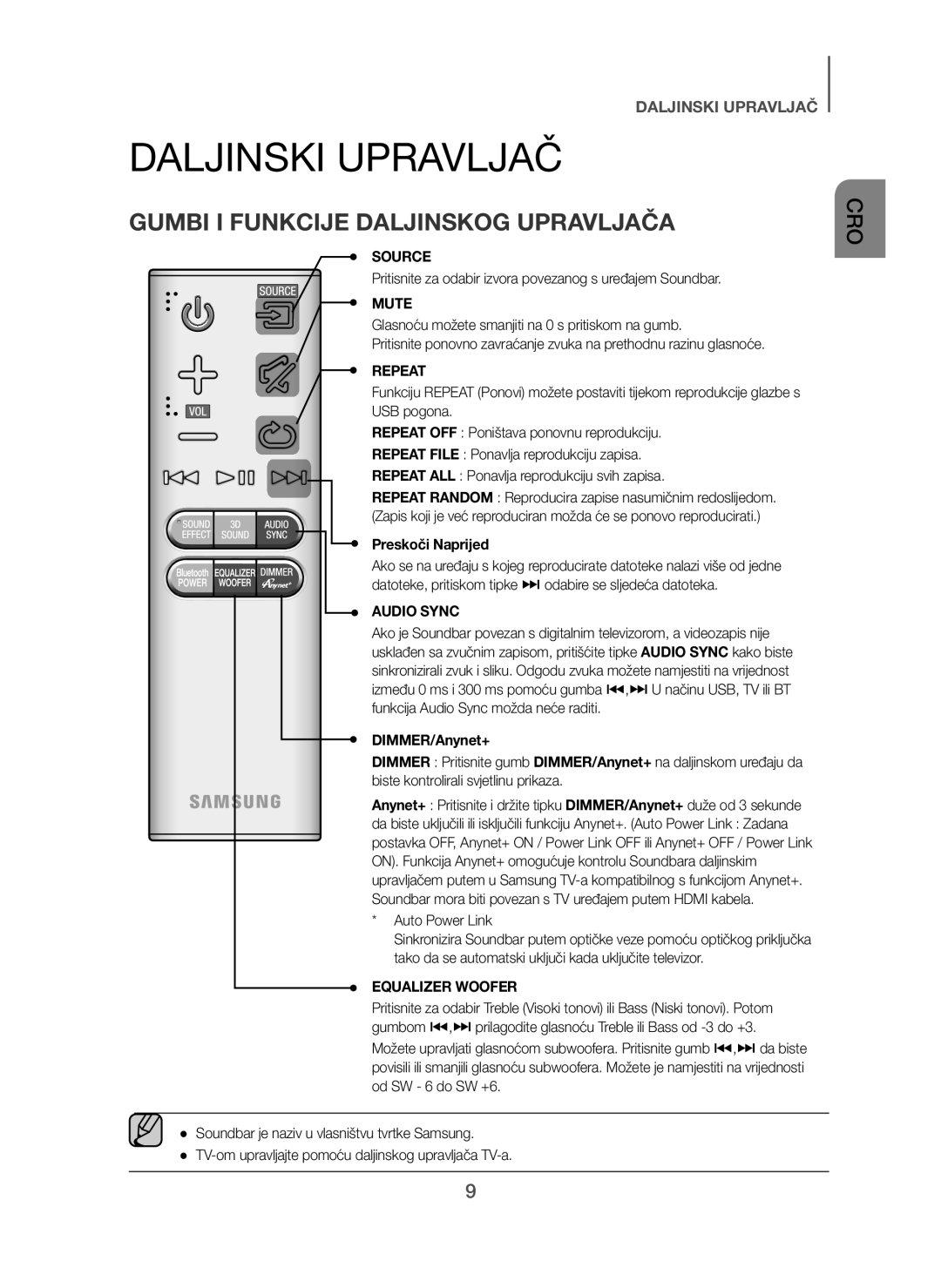 Samsung HW-H450/XE manual Gumbi I Funkcije Daljinskog Upravljača, Pritisnite za odabir izvora povezanog s uređajem Soundbar 