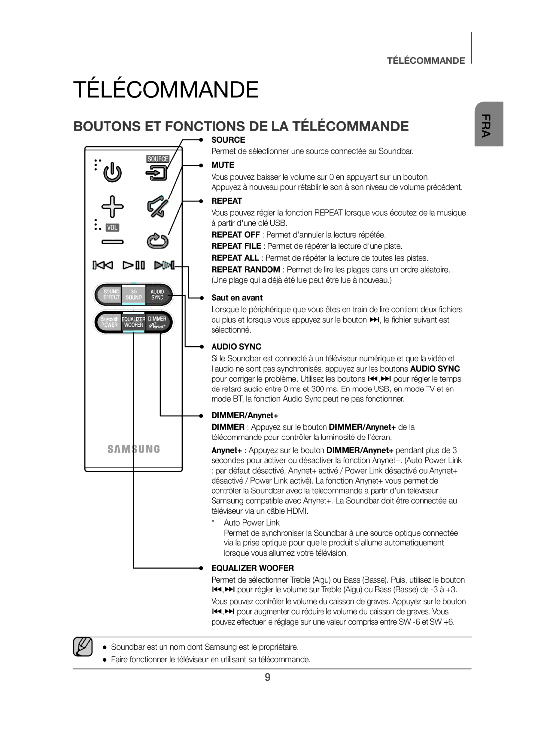 Samsung HW-H450/XE Boutons ET Fonctions DE LA Télécommande, Permet de sélectionner une source connectée au Soundbar 