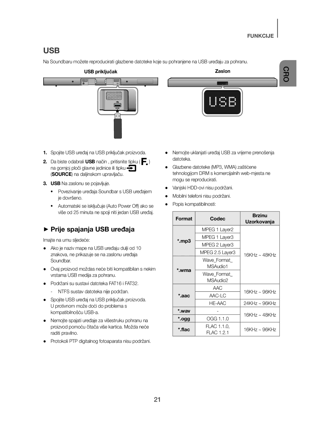 Samsung HW-H450/EN manual + Prije spajanja USB uređaja, Spojite USB uređaj na USB priključak proizvoda, Format Codec Brzinu 