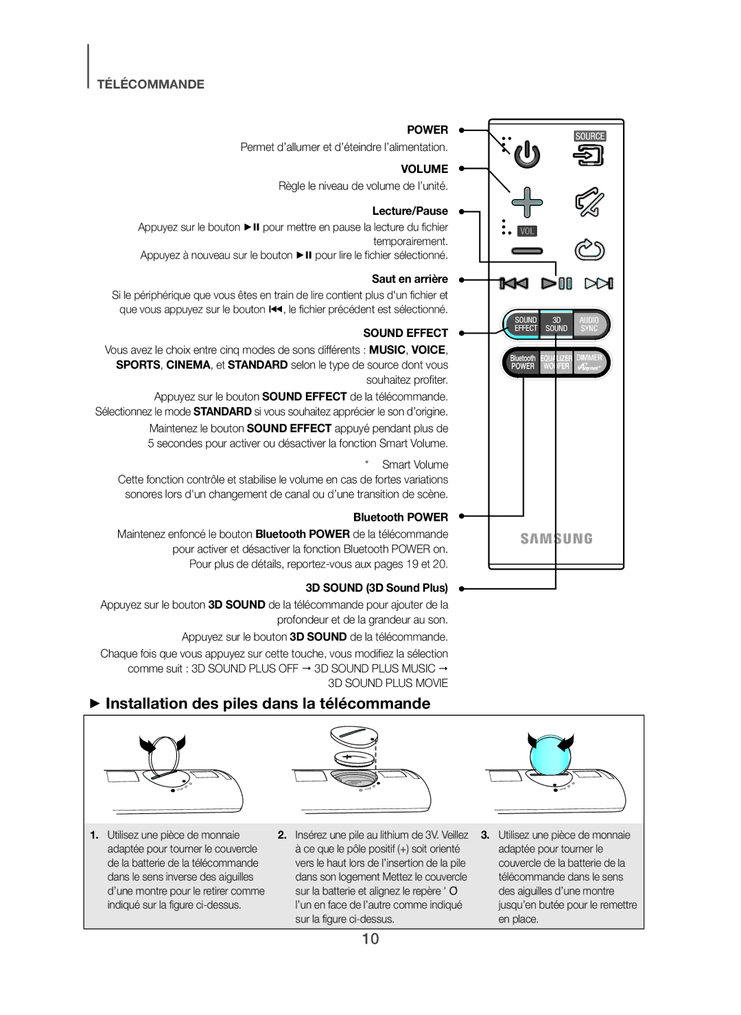 Samsung HW-H450/TK, HW-H450/EN, HW-H450/ZF + Installation des piles dans la télécommande, Lecture/Pause, Saut en arrière 