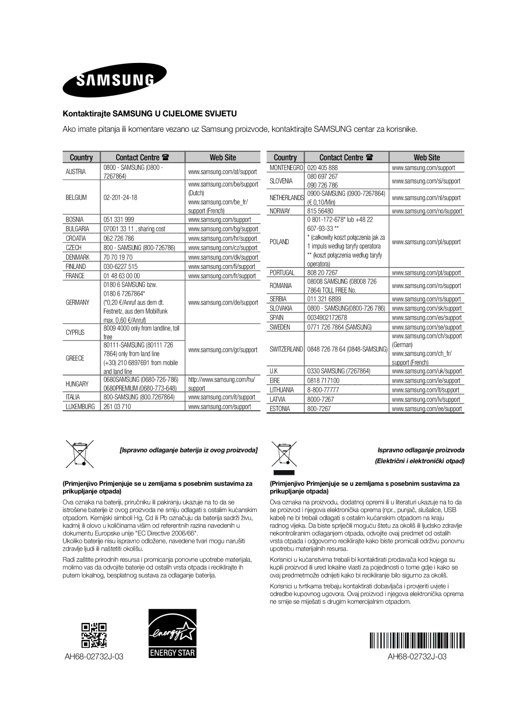 Samsung HW-H450/TK, HW-H450/EN, HW-H450/ZF, HW-H450/XN, HW-H450/XE Kontaktirajte Samsung U Cijelome Svijetu, AH68-02732J-03 