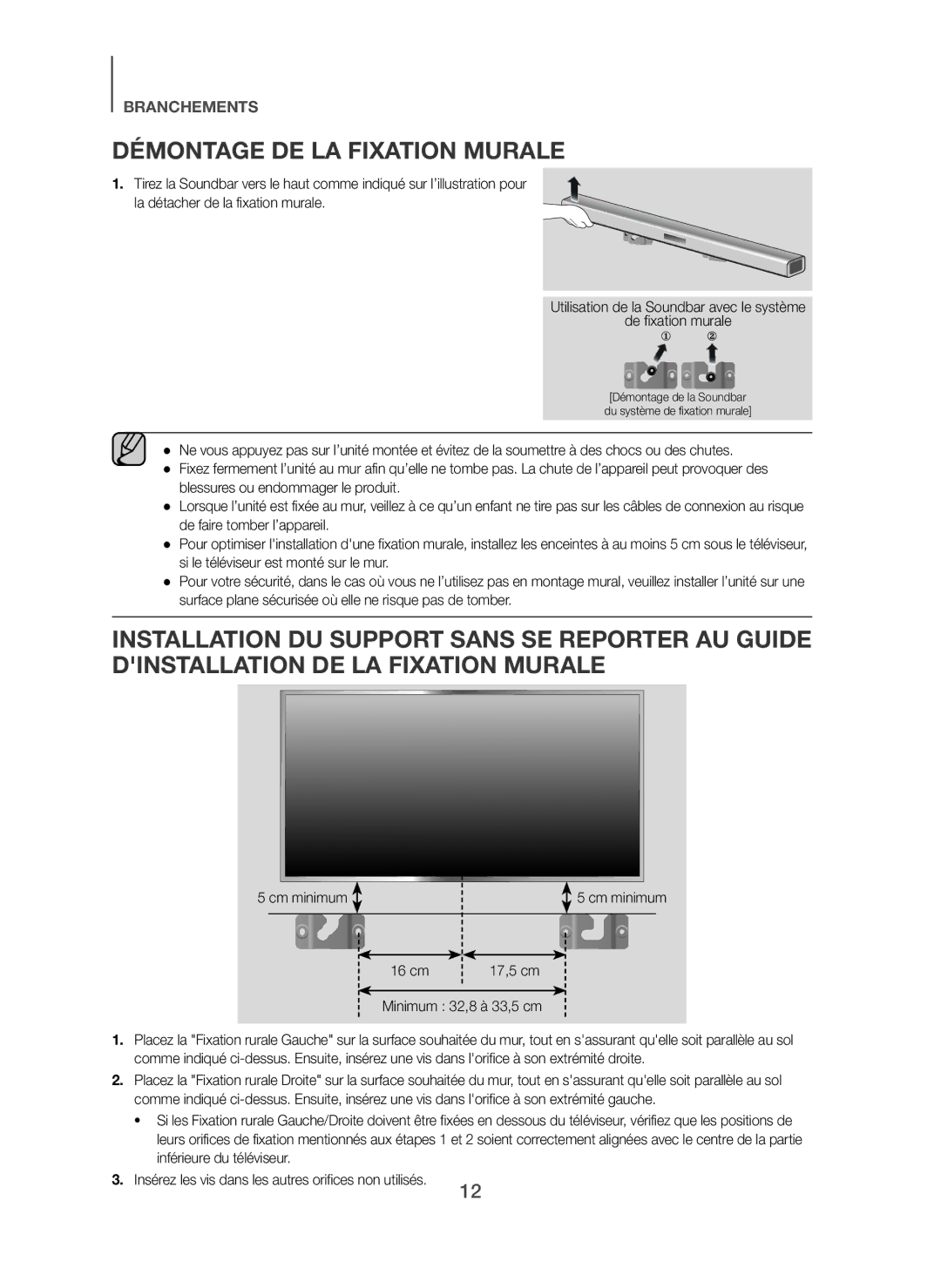 Samsung HW-H450/ZF, HW-H450/TK, HW-H450/EN manual Démontage DE LA Fixation Murale, Cm minimum 16 cm, Minimum 32,8 à 33,5 cm 