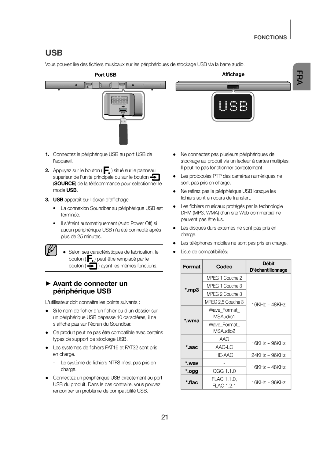 Samsung HW-H450/EN + Avant de connecter un périphérique USB, Port USB, Lutilisateur doit connaître les points suivants 