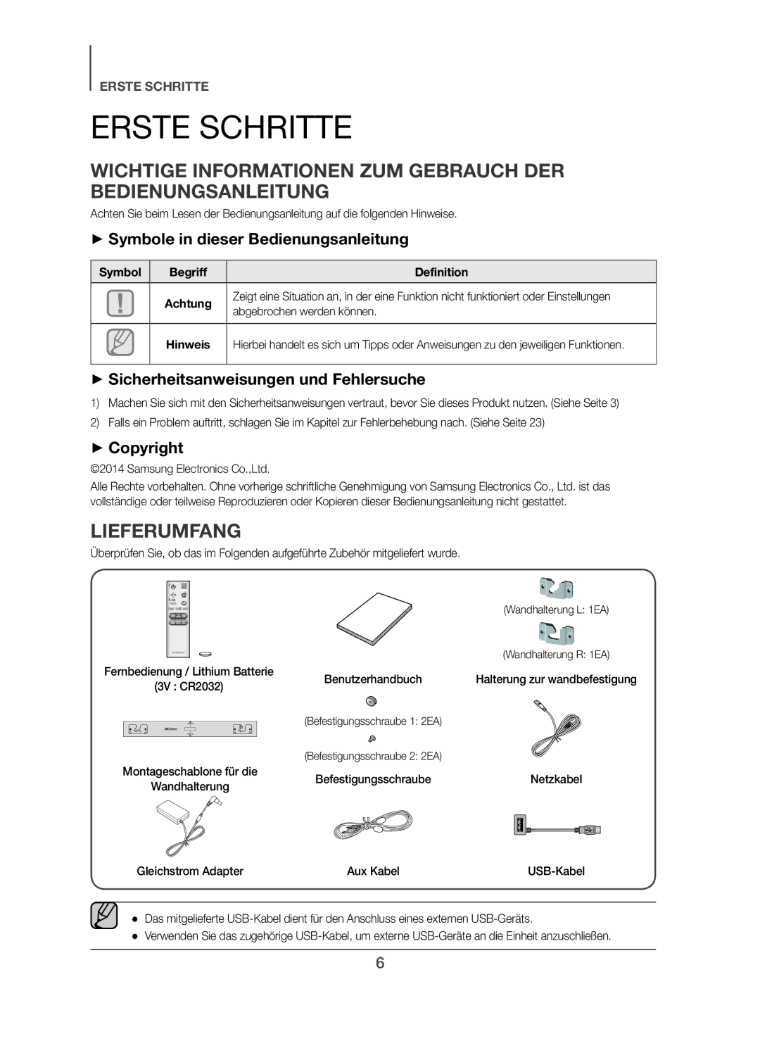 Samsung HW-H450/EN, HW-H450/TK Erste Schritte, Wichtige Informationen ZUM Gebrauch DER Bedienungsanleitung, Lieferumfang 