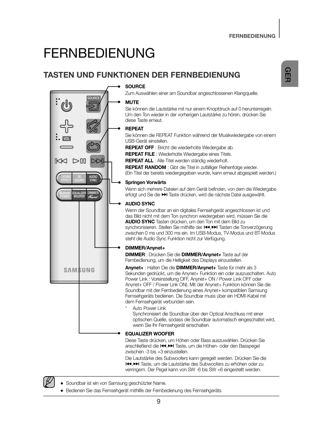 Samsung HW-H450/XE, HW-H450/TK, HW-H450/EN, HW-H450/ZF manual Tasten UND Funktionen DER Fernbedienung, Springen Vorwärts 