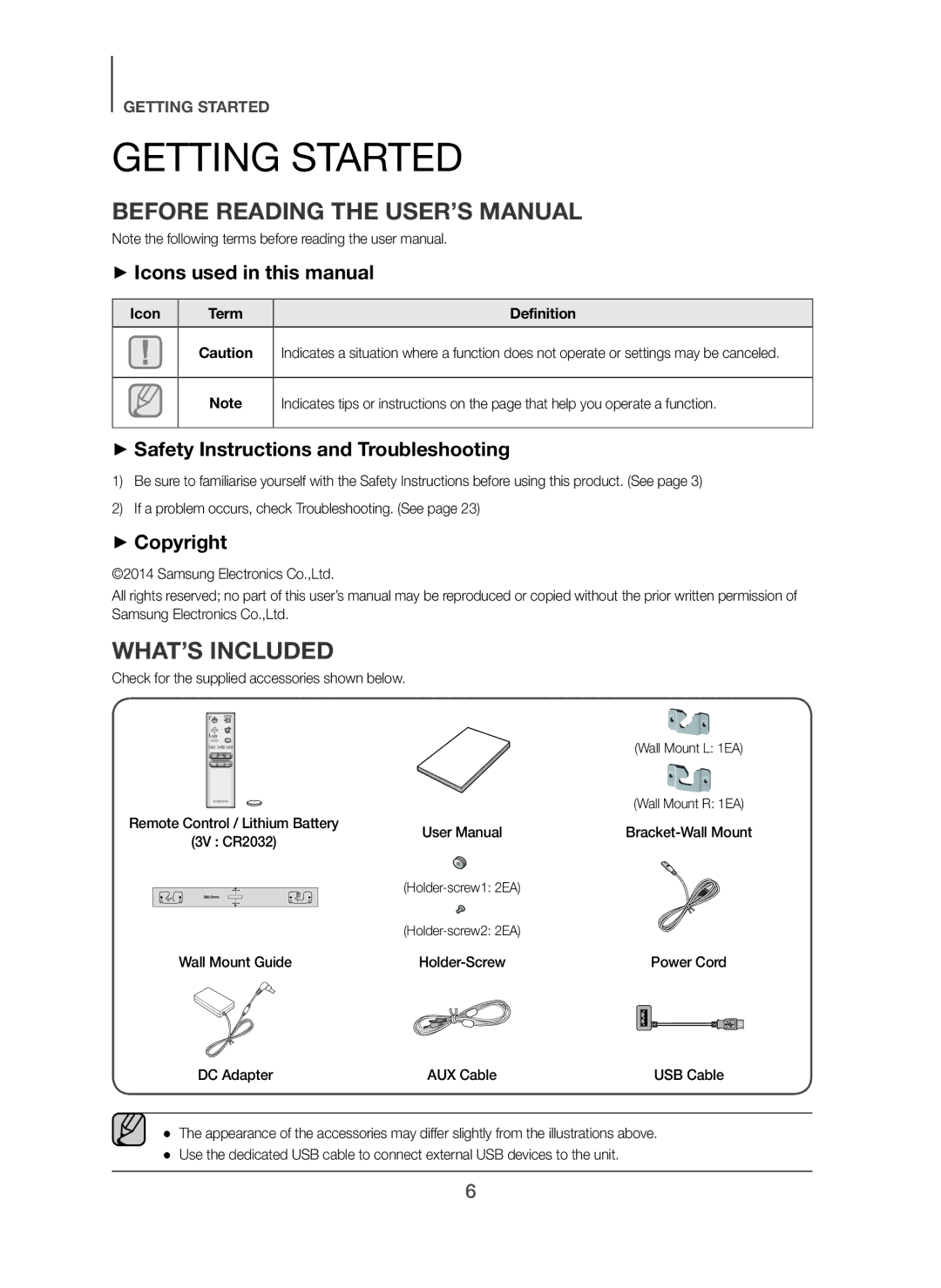 Samsung HW-H450/EN, HW-H450/TK, HW-H450/ZF, HW-H450/XN Getting Started, Before Reading the USER’S Manual, WHAT’S Included 