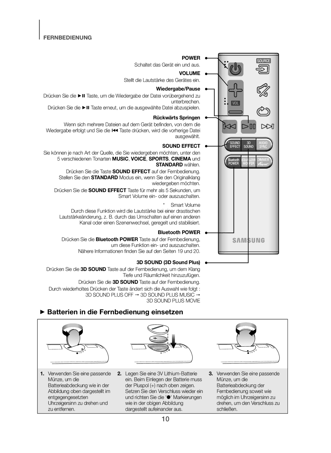 Samsung HW-H450/TK, HW-H450/EN, HW-H450/ZF + Batterien in die Fernbedienung einsetzen, Wiedergabe/Pause, Rückwärts Springen 