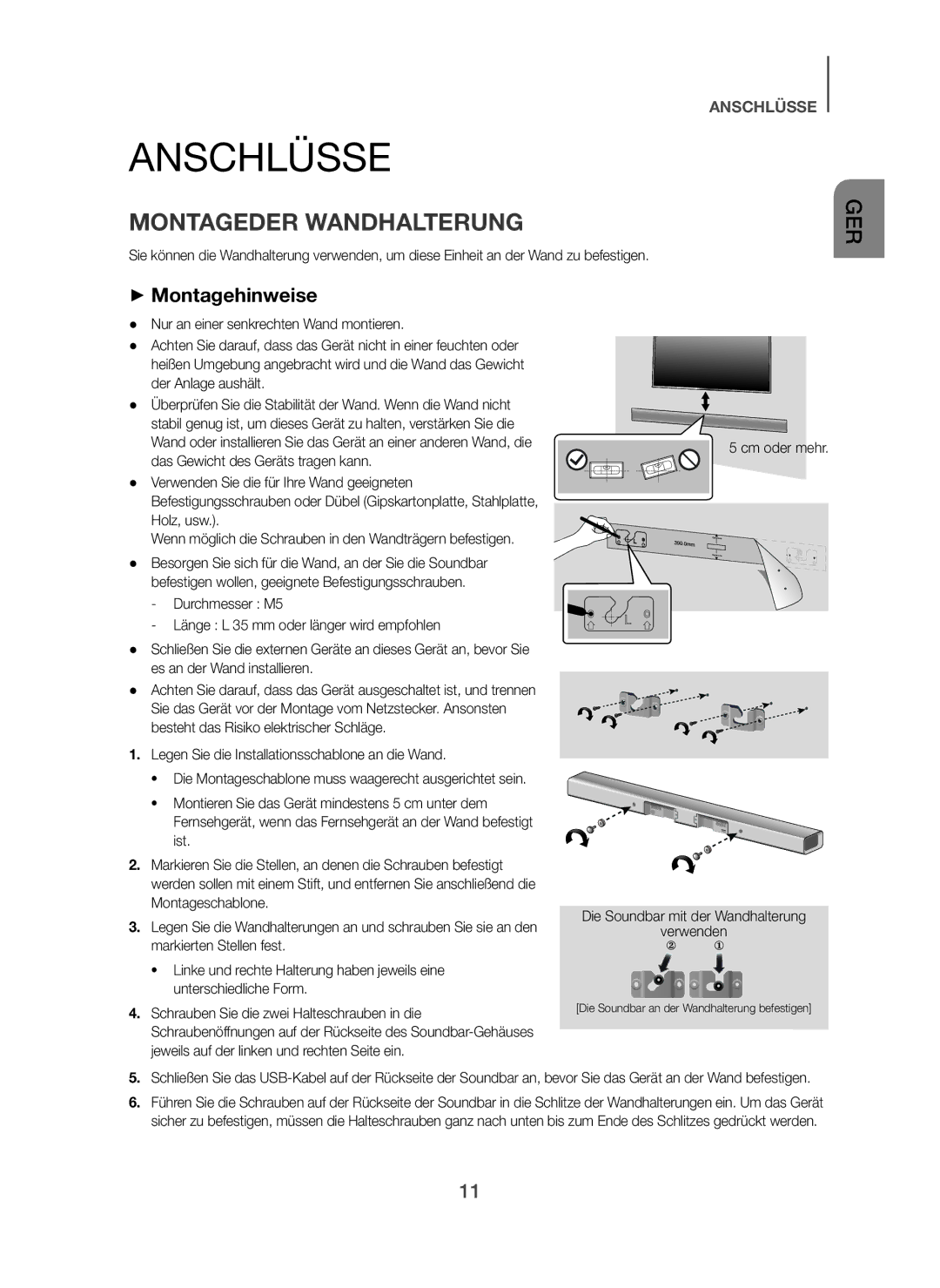 Samsung HW-H450/EN, HW-H450/TK, HW-H450/ZF, HW-H450/XN Anschlüsse, Montageder Wandhalterung, + Montagehinweise, Cm oder mehr 