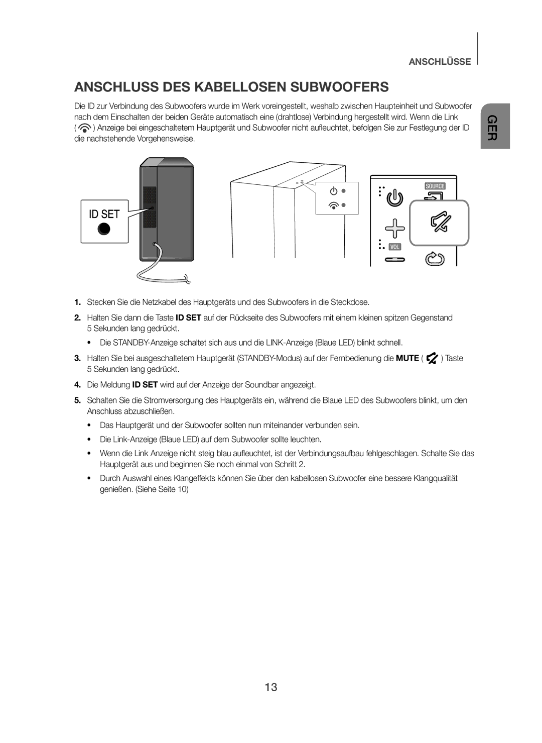 Samsung HW-H450/XN, HW-H450/TK, HW-H450/EN, HW-H450/ZF, HW-H450/XE manual Anschluss DES Kabellosen Subwoofers 