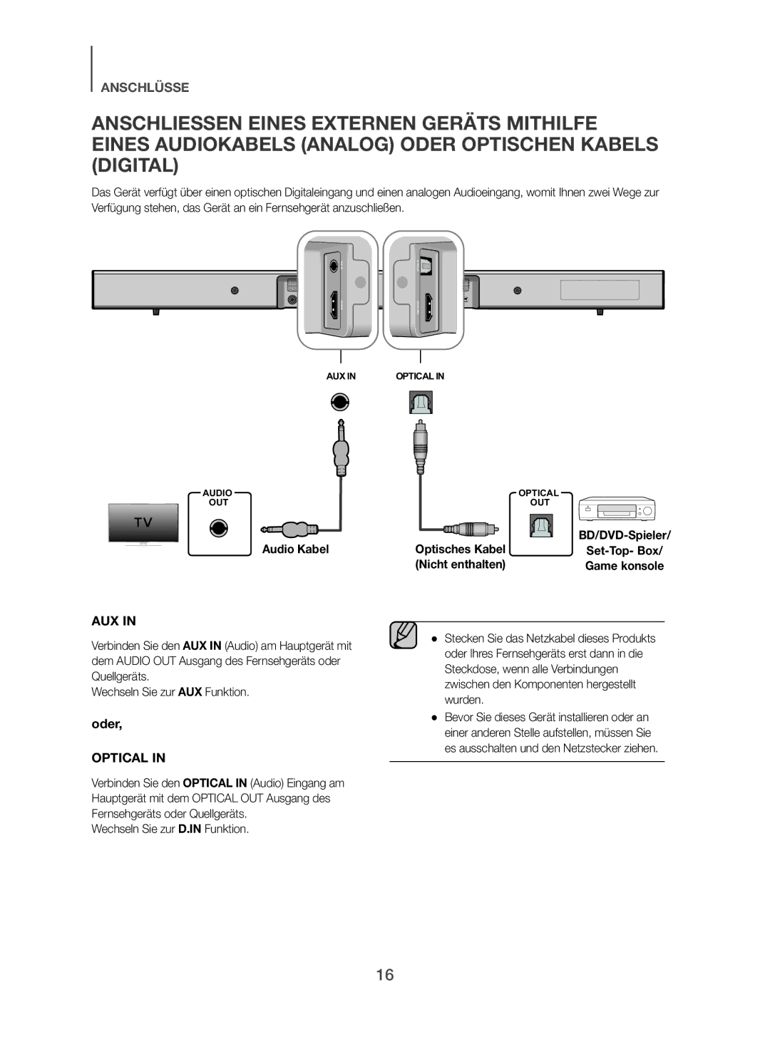 Samsung HW-H450/EN, HW-H450/TK, HW-H450/ZF Audio Kabel, Wechseln Sie zur D.IN Funktion, Optisches Kabel, Nicht enthalten 