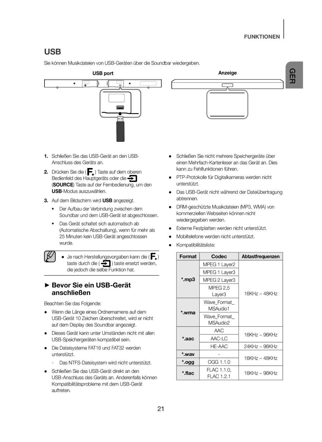 Samsung HW-H450/EN + Bevor Sie ein USB-Gerät anschließen, Auf dem Bildschirm wird USB angezeigt, Beachten Sie das Folgende 