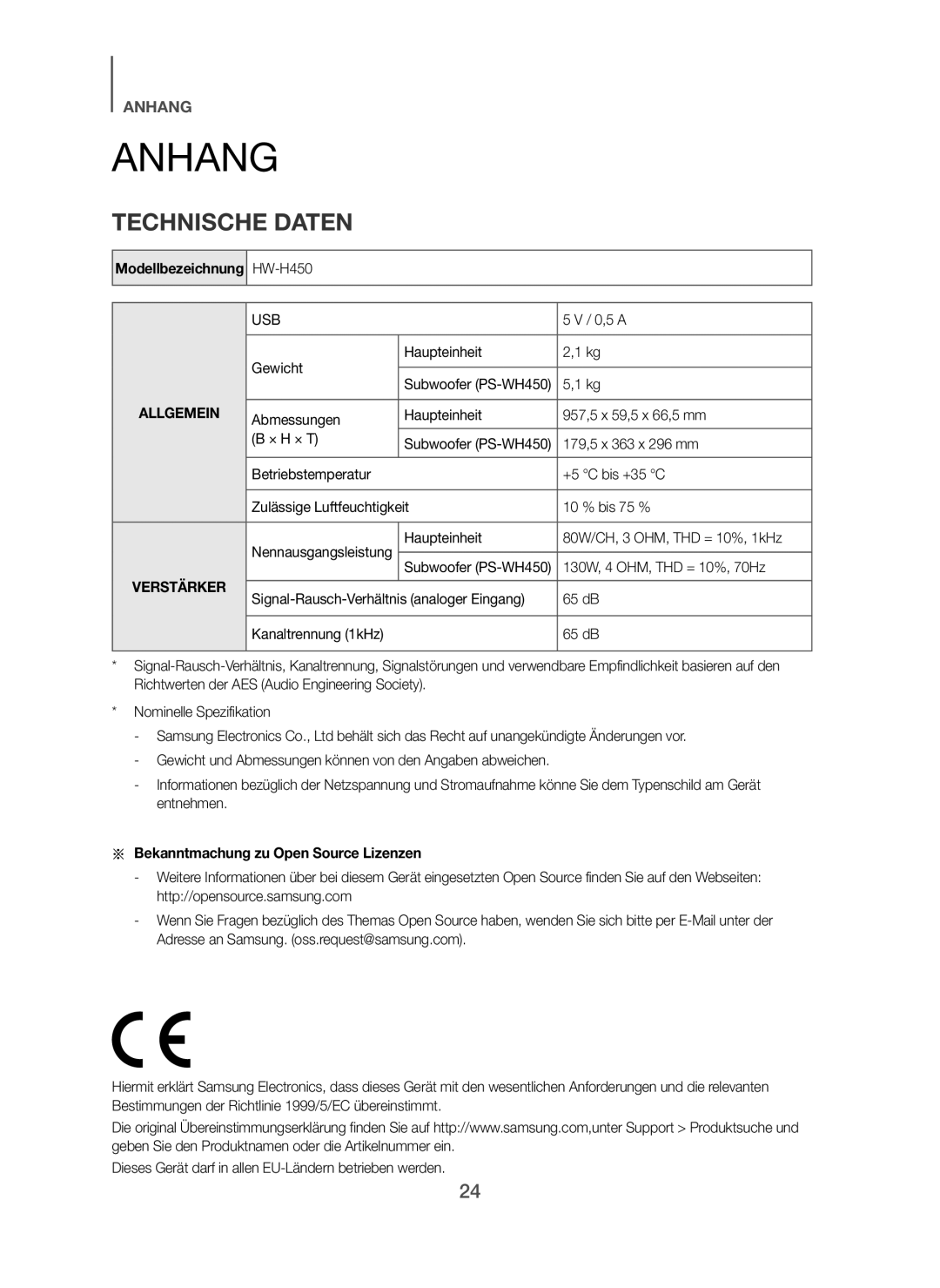 Samsung HW-H450/XE, HW-H450/TK, HW-H450/EN, HW-H450/ZF manual Anhang, Technische Daten, Bekanntmachung zu Open Source Lizenzen 