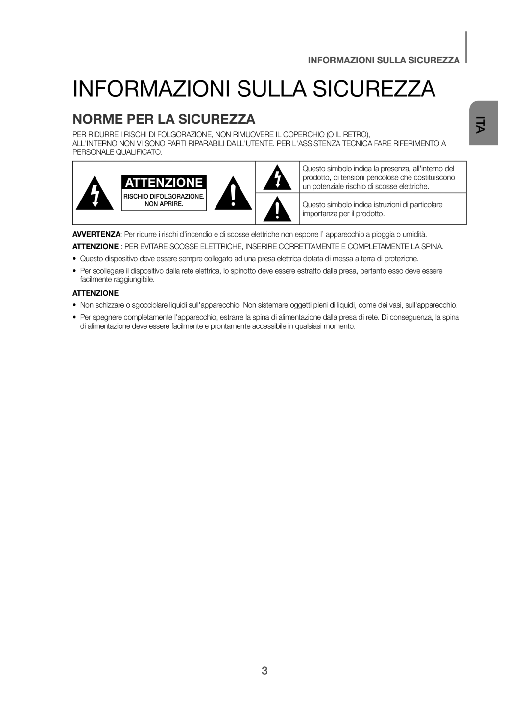 Samsung HW-H450/XN, HW-H450/TK, HW-H450/EN, HW-H450/ZF, HW-H450/XE manual Informazioni Sulla Sicurezza, Norme PER LA Sicurezza 