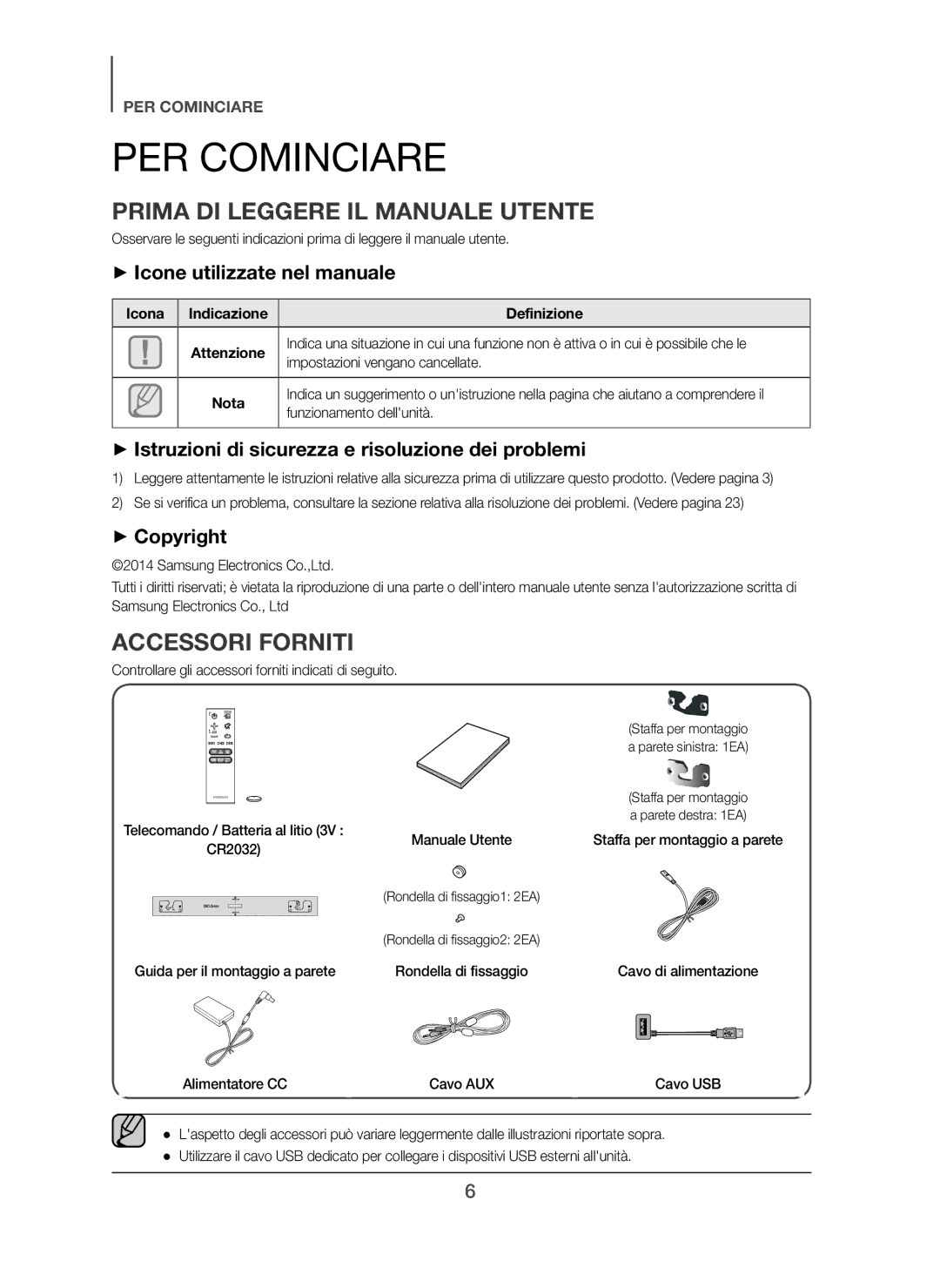 Samsung HW-H450/EN PER Cominciare, Prima DI Leggere IL Manuale Utente, Accessori Forniti, + Icone utilizzate nel manuale 