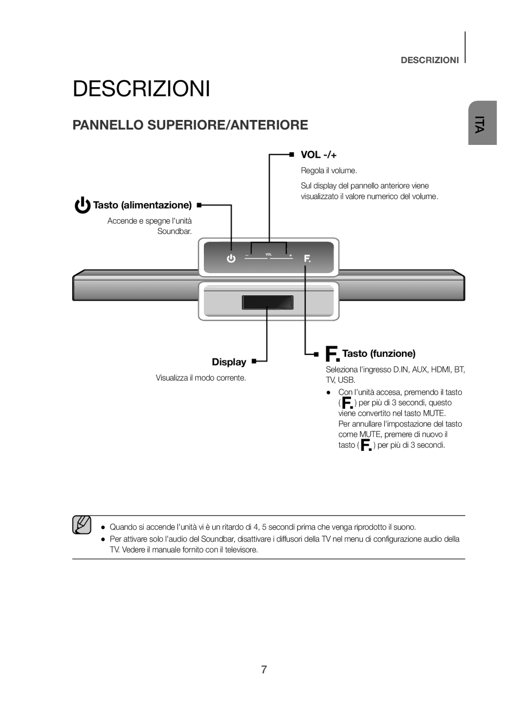 Samsung HW-H450/ZF, HW-H450/TK, HW-H450/EN Descrizioni, Pannello SUPERIORE/ANTERIORE, Tasto alimentazione, Tasto funzione 