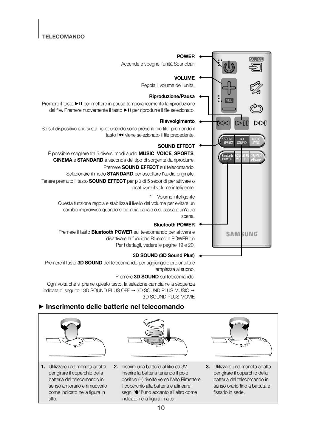 Samsung HW-H450/TK, HW-H450/EN, HW-H450/ZF + Inserimento delle batterie nel telecomando, Riproduzione/Pausa, Riavvolgimento 