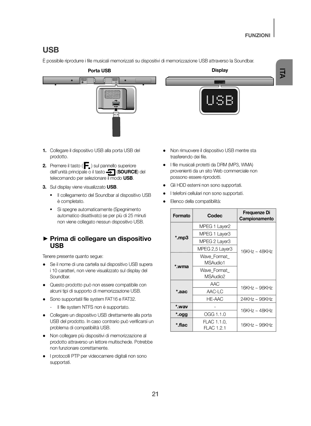 Samsung HW-H450/EN, HW-H450/TK, HW-H450/ZF manual + Prima di collegare un dispositivo, Porta USB, Formato Codec Frequenze Di 