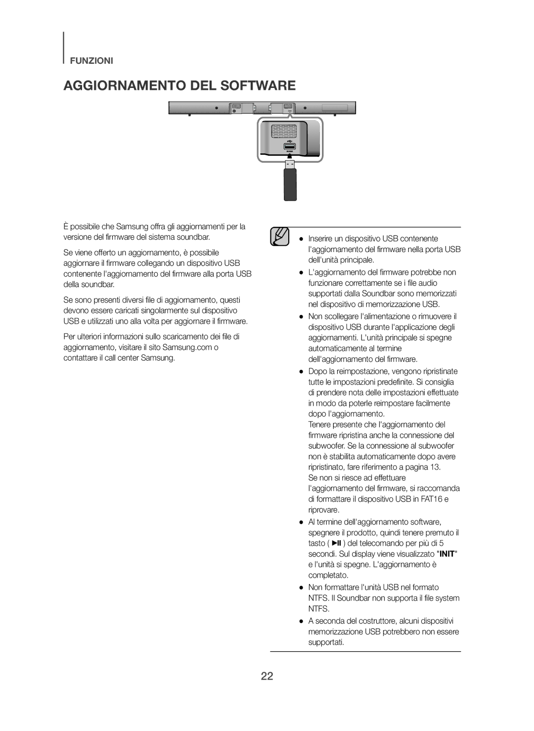 Samsung HW-H450/ZF, HW-H450/TK, HW-H450/EN, HW-H450/XN, HW-H450/XE manual Aggiornamento DEL Software 