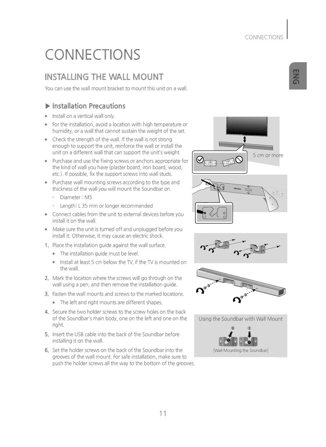 Samsung HW-H450/EN, HW-H450/TK, HW-H450/ZF, HW-H450/XN manual Connections, Installing the Wall Mount, Installation Precautions 