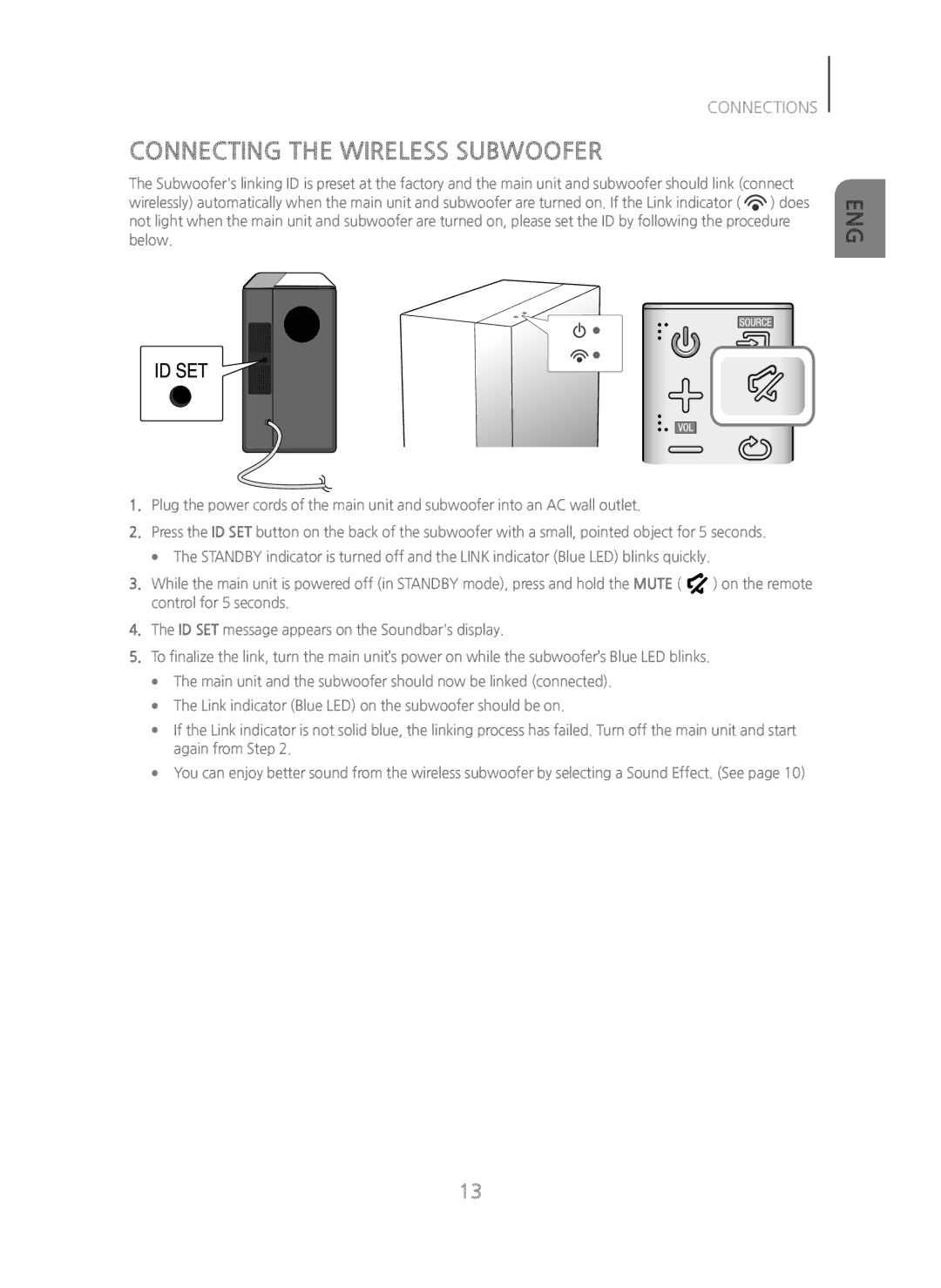 Samsung HW-H450/XN, HW-H450/TK, HW-H450/EN, HW-H450/ZF, HW-H450/XE manual Connecting the Wireless Subwoofer 