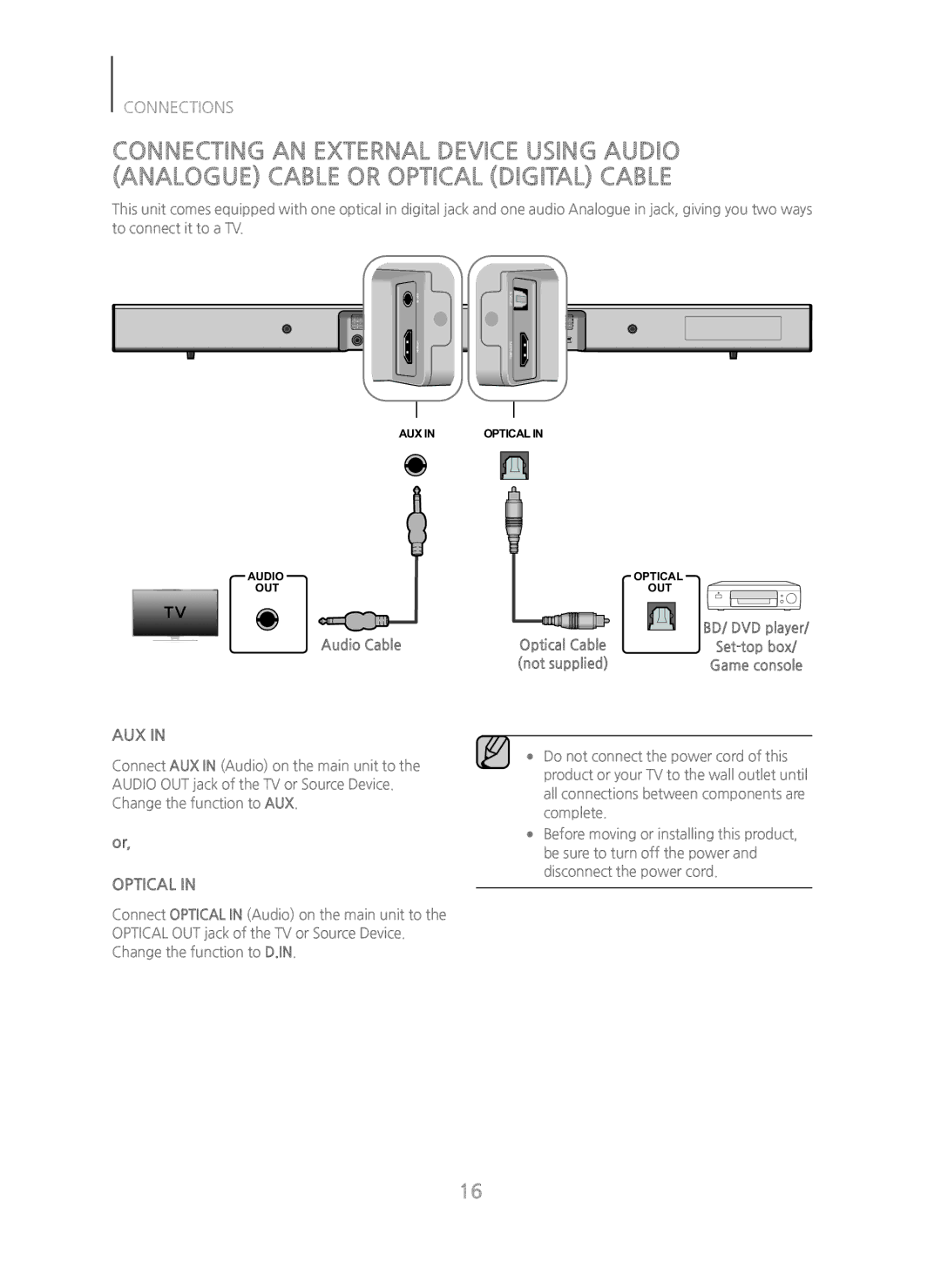 Samsung HW-H450/EN, HW-H450/TK, HW-H450/ZF, HW-H450/XN, HW-H450/XE manual Audio Cable, Optical Cable, Not supplied 