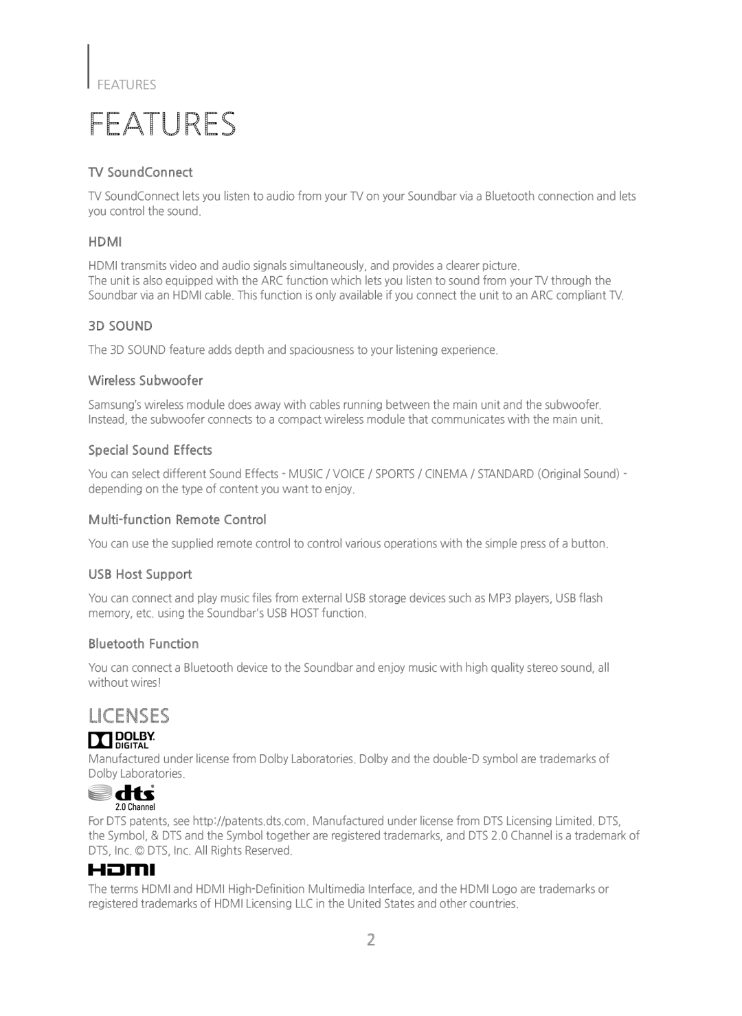 Samsung HW-H450/ZF, HW-H450/TK, HW-H450/EN, HW-H450/XN, HW-H450/XE manual Features, Licenses 