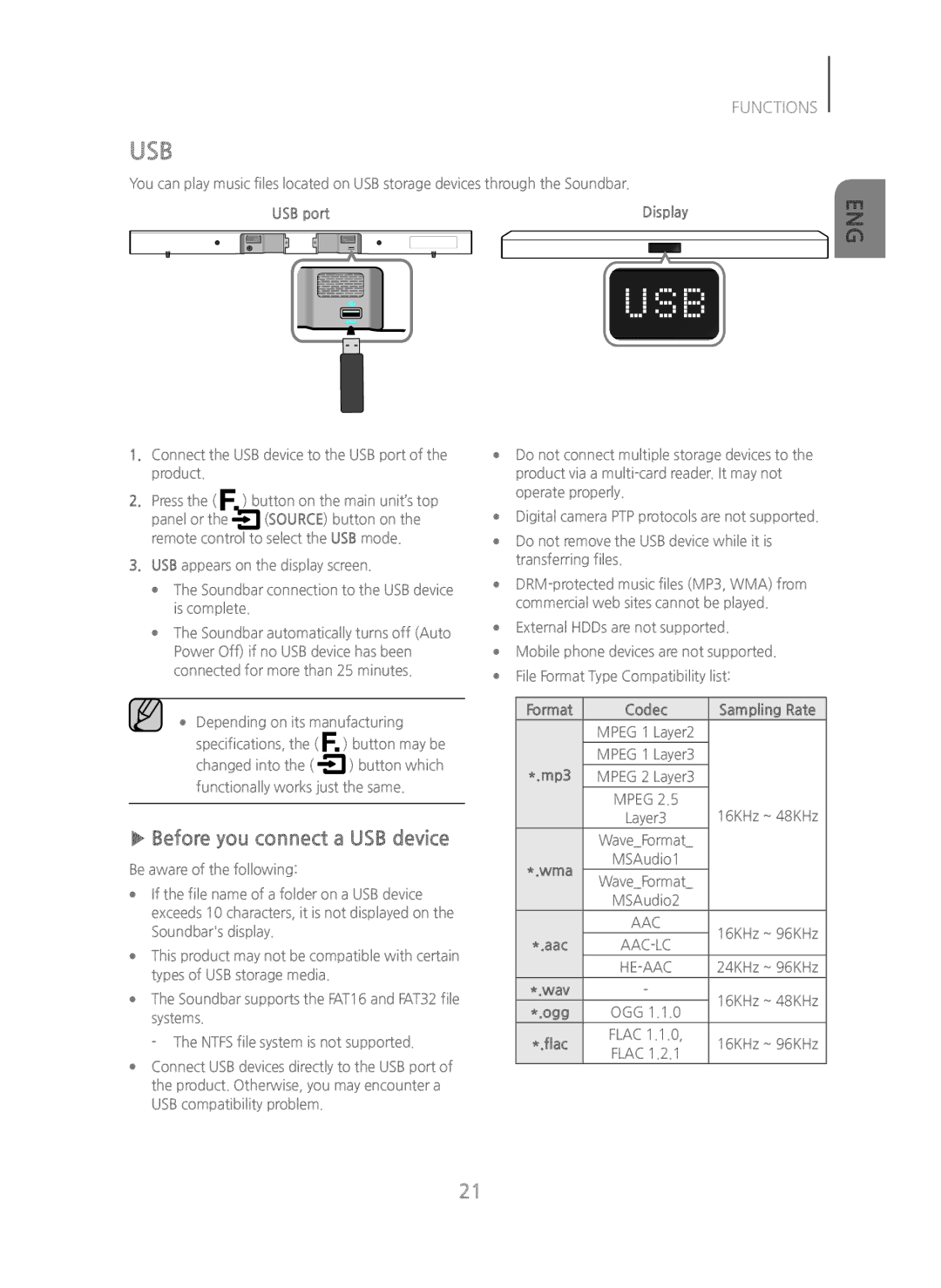 Samsung HW-H450/EN, HW-H450/TK, HW-H450/ZF, HW-H450/XN, HW-H450/XE manual Usb, Before you connect a USB device 