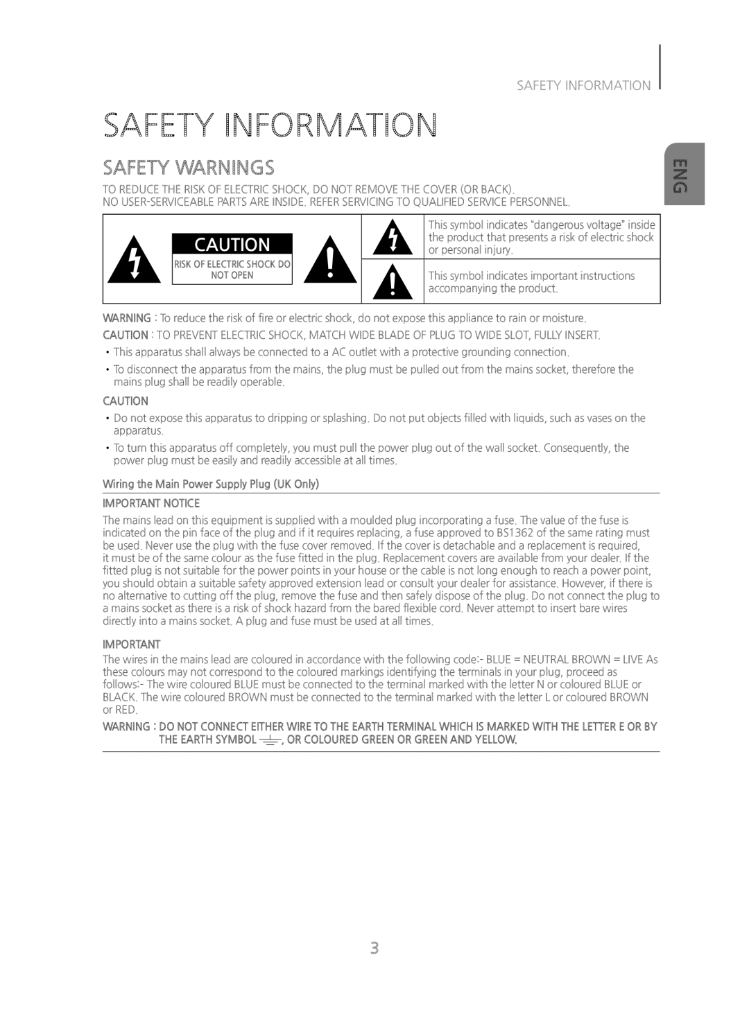 Samsung HW-H450/XN, HW-H450/TK, HW-H450/EN, HW-H450/ZF, HW-H450/XE manual Safety Information, Safety Warnings 