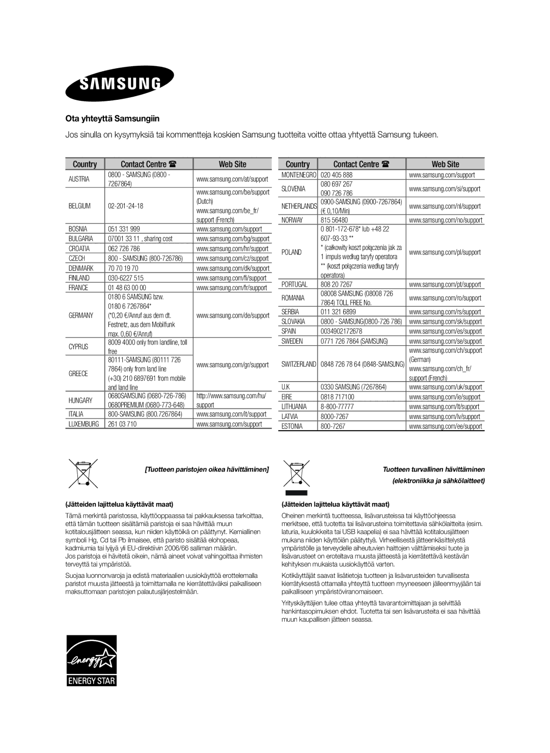 Samsung HW-H450/XE manual Ota yhteyttä Samsungiin, Jätteiden lajittelua käyttävät maat 