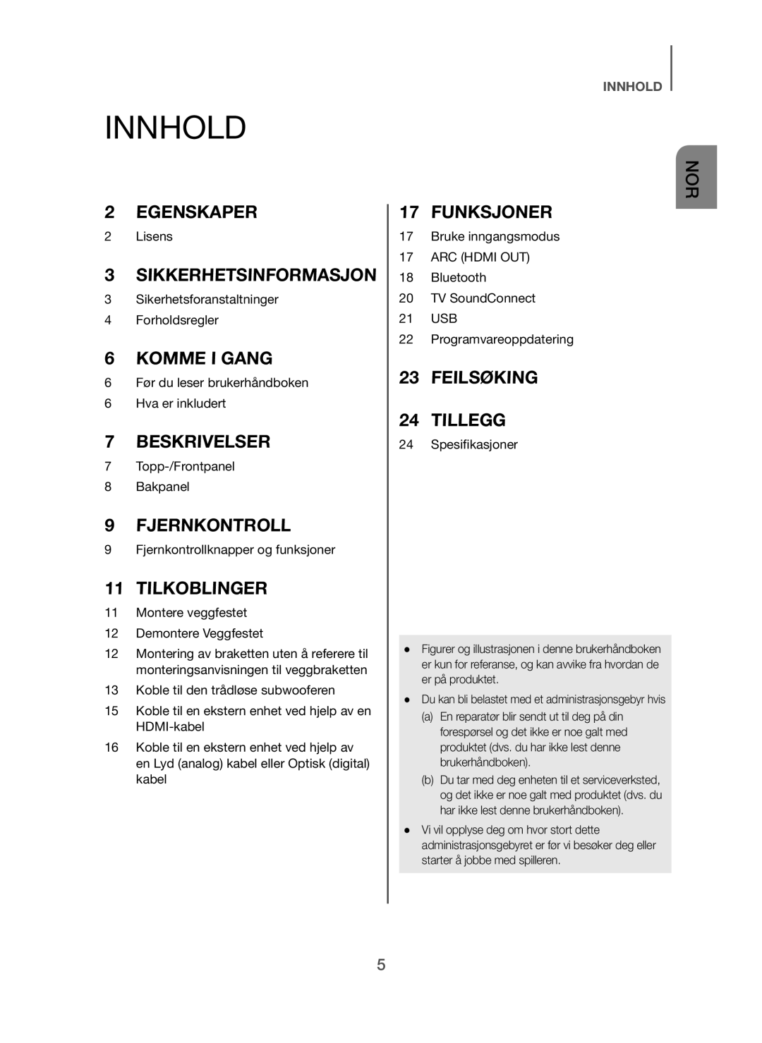 Samsung HW-H450/XE manual Innhold, Tilkoblinger 