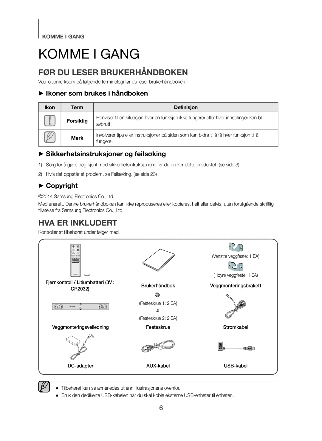 Samsung HW-H450/XE manual Komme I Gang, FØR DU Leser Brukerhåndboken, HVA ER Inkludert, + Ikoner som brukes i håndboken 