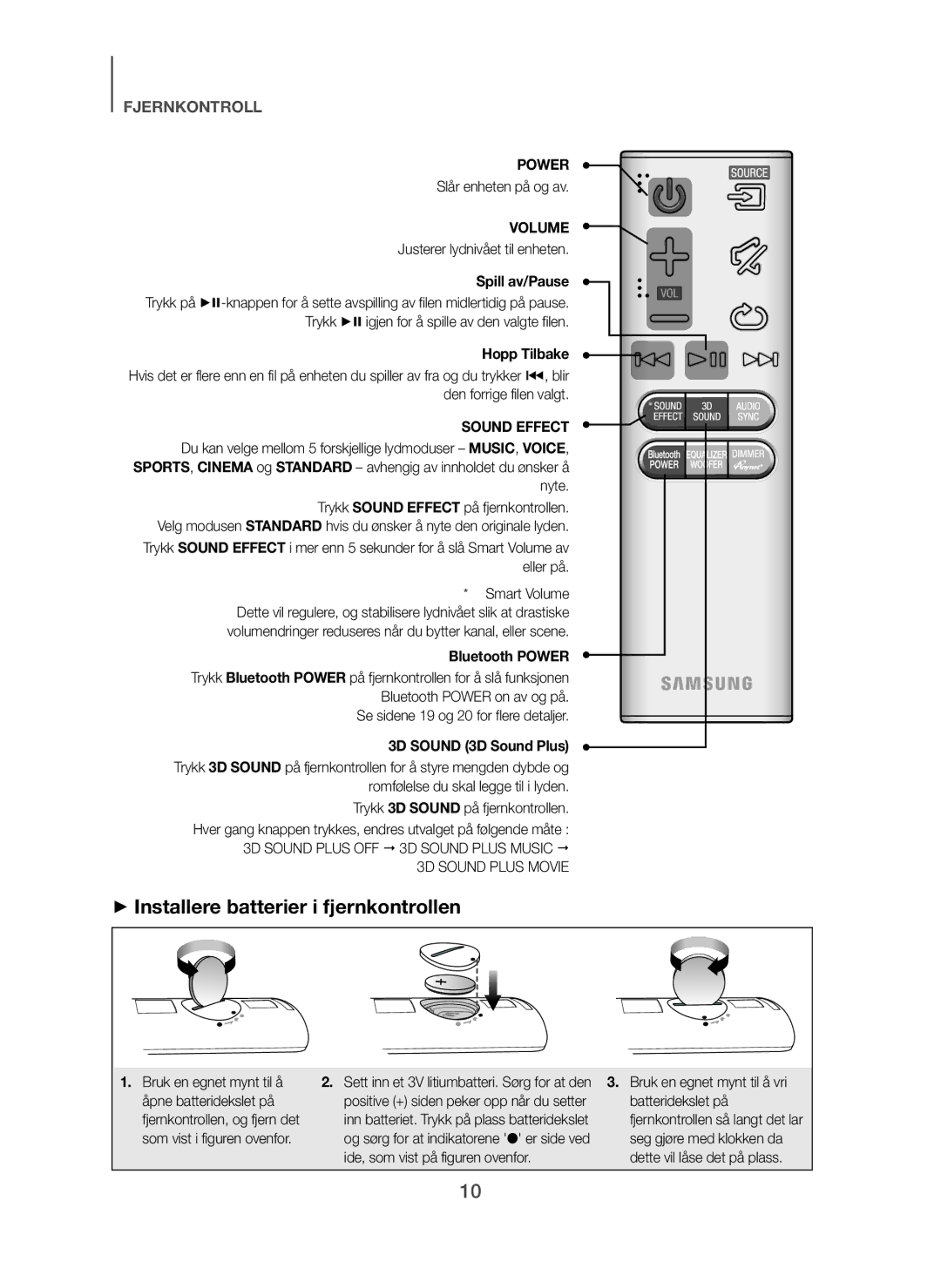 Samsung HW-H450/XE manual + Installere batterier i fjernkontrollen, Spill av/Pause, Hopp Tilbake 