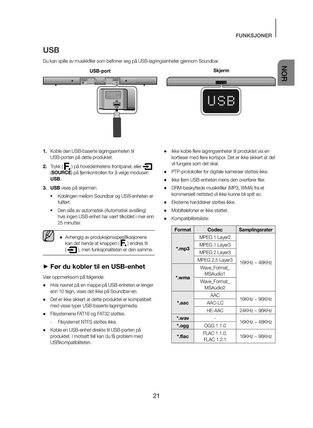 Samsung HW-H450/XE manual + Før du kobler til en USB-enhet, Vær oppmerksom på følgende 