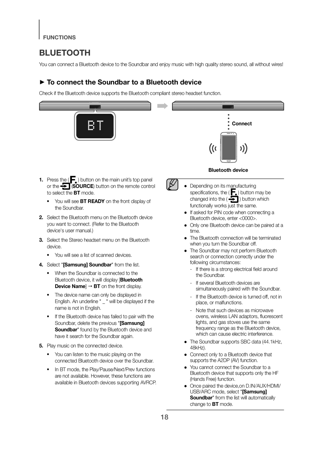 Samsung HW-H450/XE manual + To connect the Soundbar to a Bluetooth device, Connect 