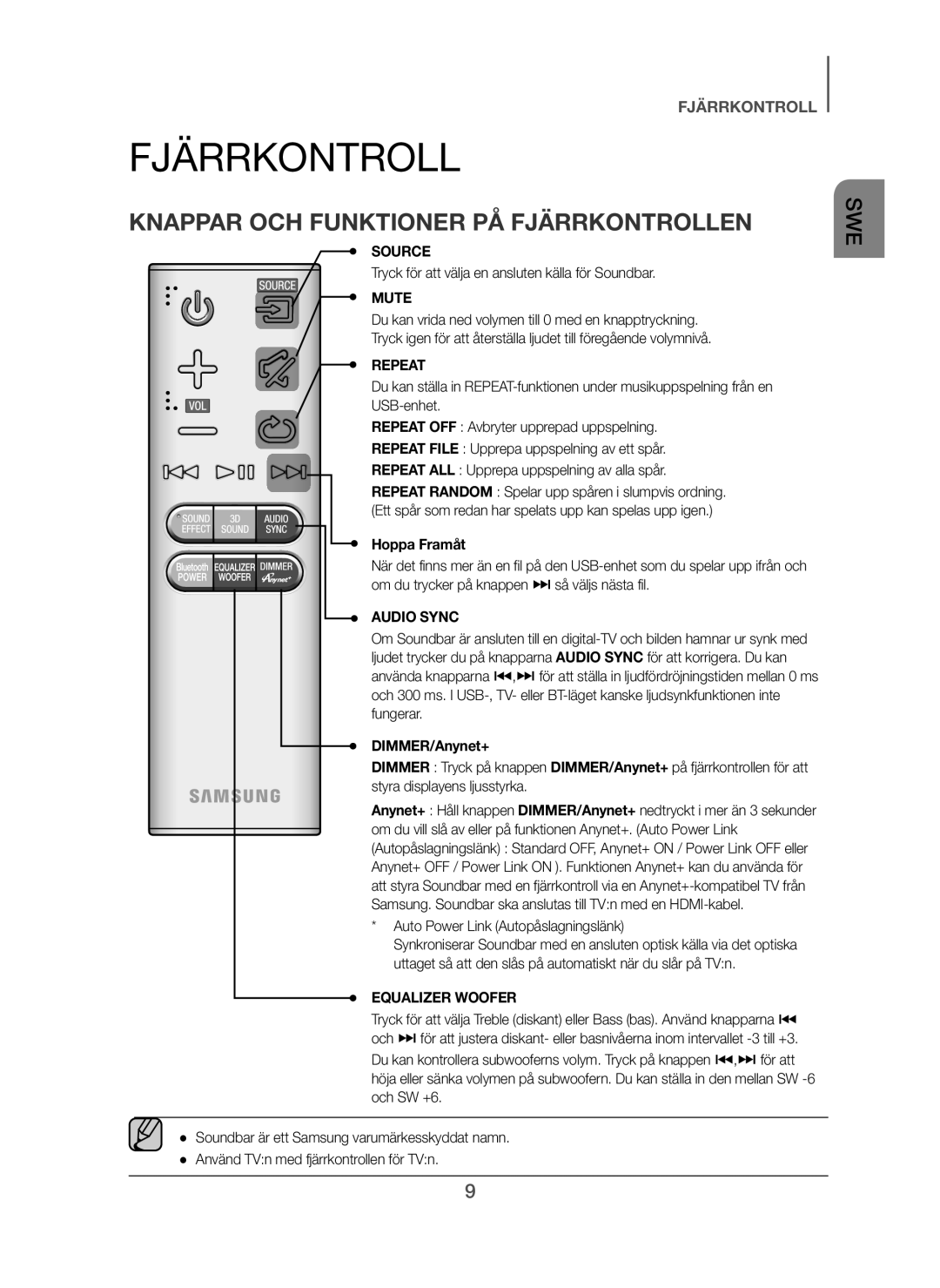 Samsung HW-H450/XE manual Knappar OCH Funktioner PÅ Fjärrkontrollen, Tryck för att välja en ansluten källa för Soundbar 