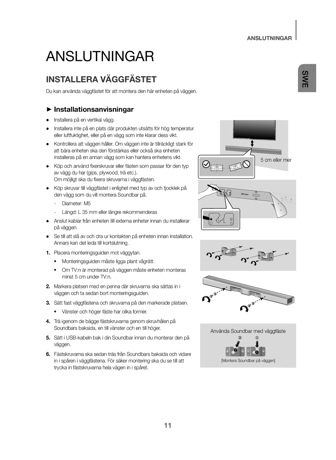 Samsung HW-H450/XE manual Anslutningar, Installera Väggfästet, + Installationsanvisningar, Installera på en vertikal vägg 