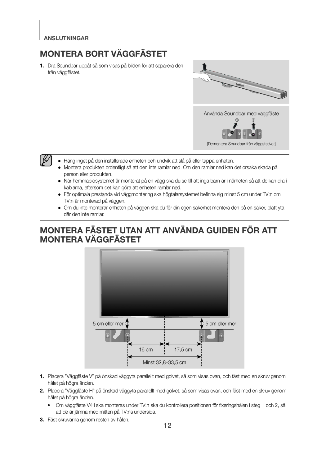 Samsung HW-H450/XE manual Montera Bort Väggfästet, Cm eller mer 16 cm 