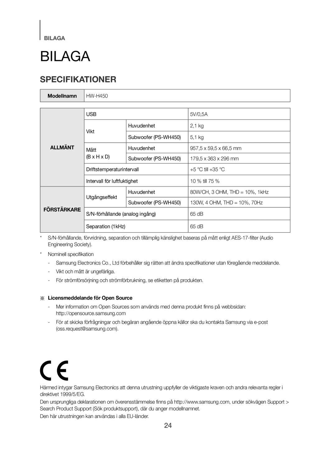 Samsung HW-H450/XE manual Bilaga, Specifikationer, Modellnamn, Licensmeddelande för Open Source 