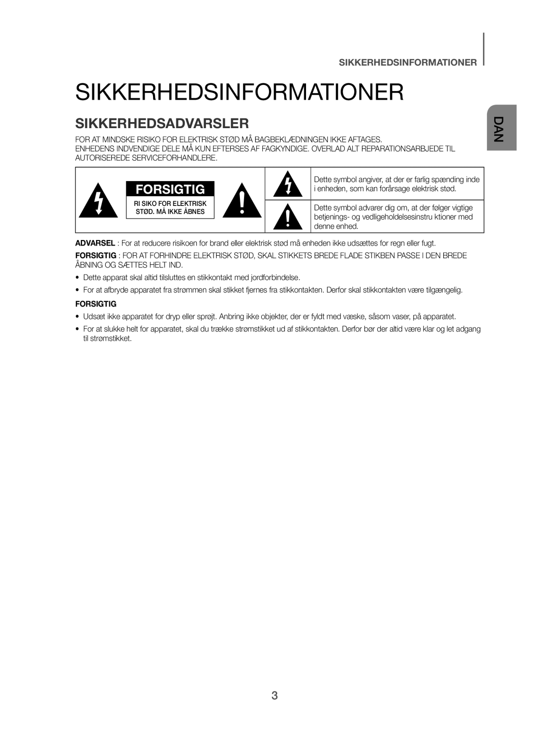 Samsung HW-H450/XE manual Sikkerhedsinformationer, Sikkerhedsadvarsler 