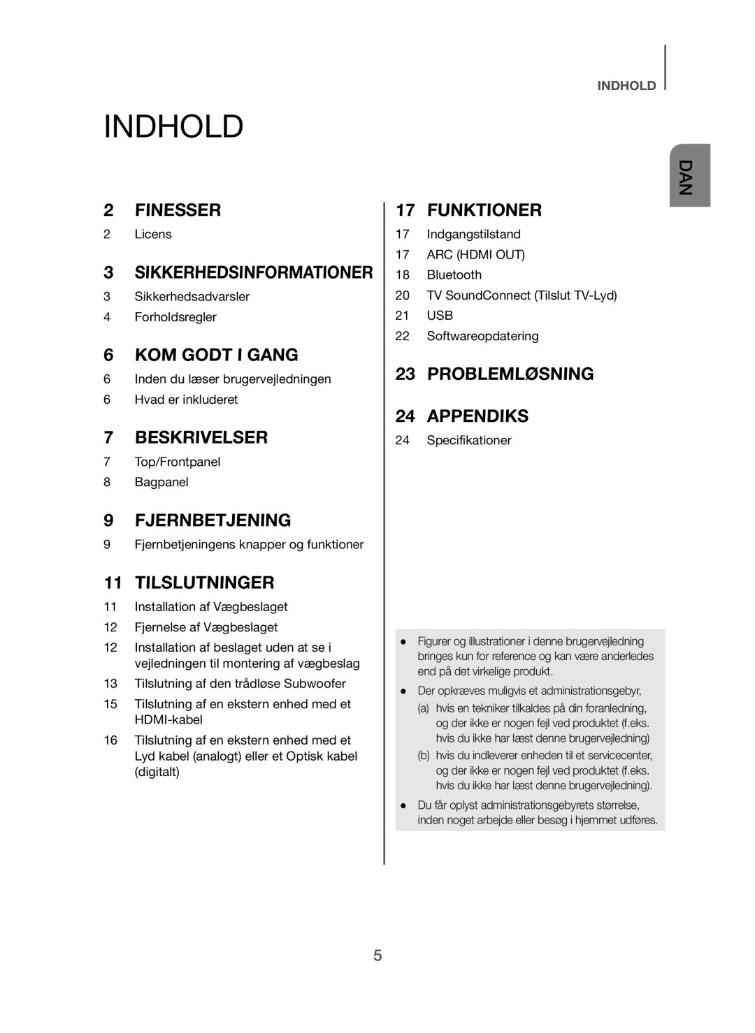 Samsung HW-H450/XE manual Indhold, Der opkræves muligvis et administrationsgebyr 