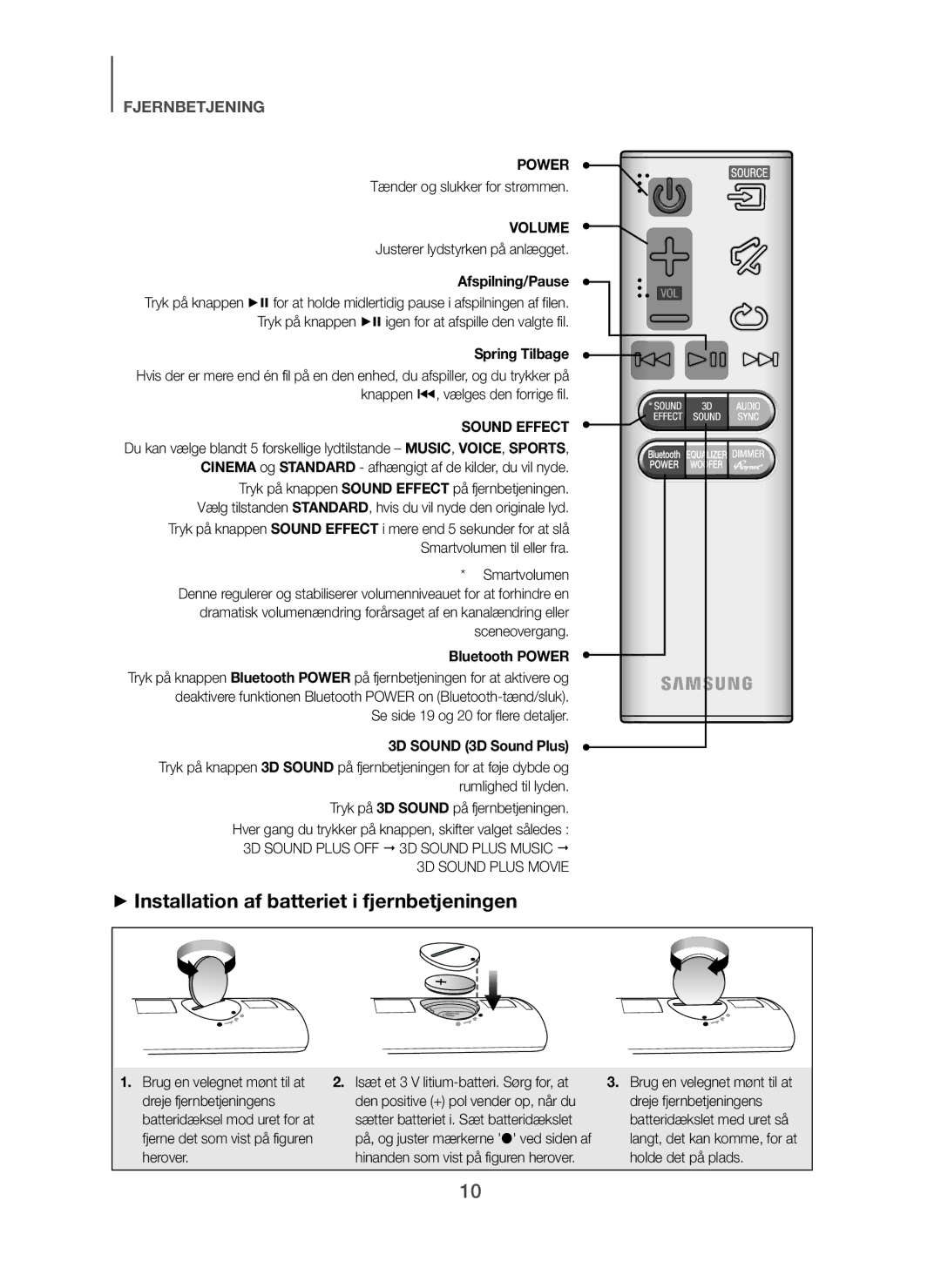 Samsung HW-H450/XE manual + Installation af batteriet i fjernbetjeningen, Afspilning/Pause, Spring Tilbage 