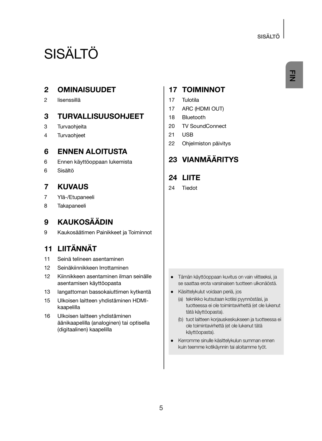 Samsung HW-H450/XE manual Sisältö, Liitännät 