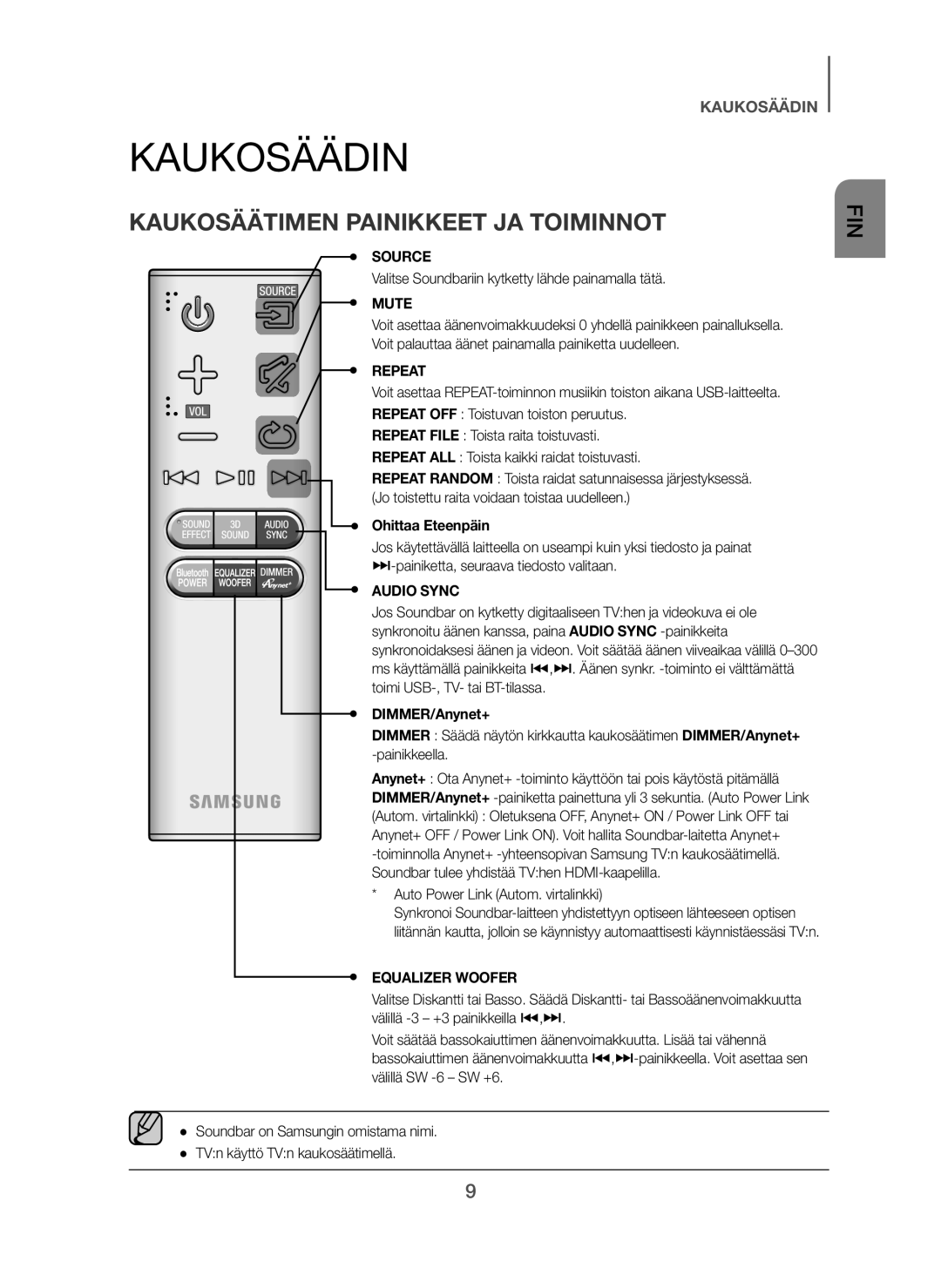 Samsung HW-H450/XE manual Kaukosäädin, Kaukosäätimen Painikkeet JA Toiminnot, Ohittaa Eteenpäin 