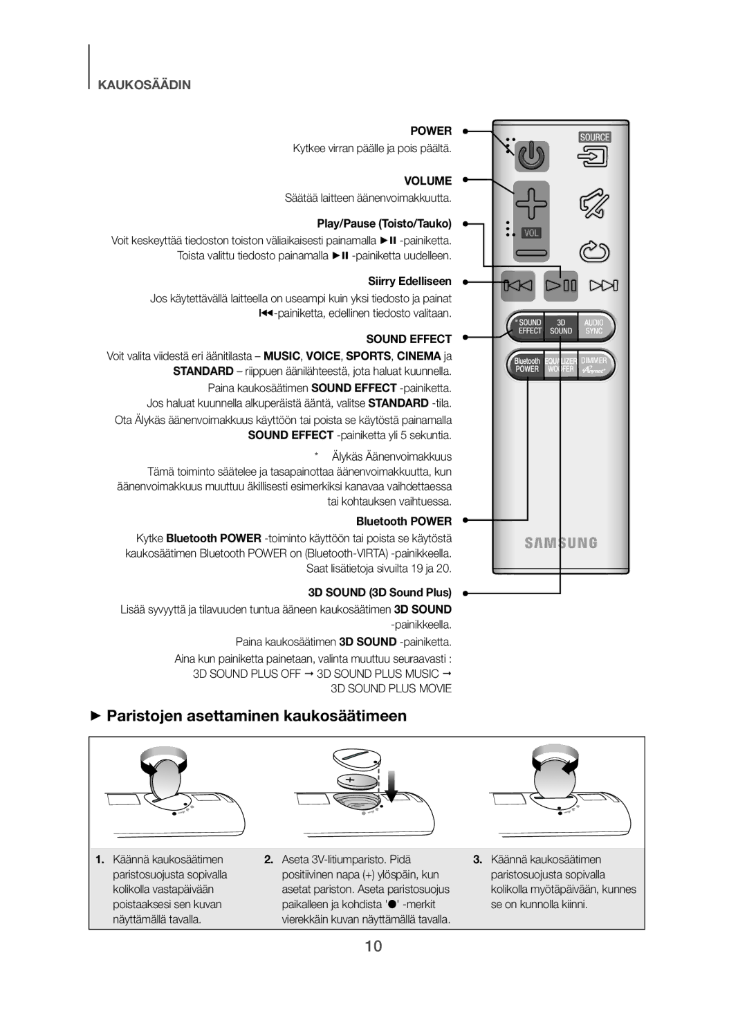 Samsung HW-H450/XE + Paristojen asettaminen kaukosäätimeen, Säätää laitteen äänenvoimakkuutta, Play/Pause Toisto/Tauko 